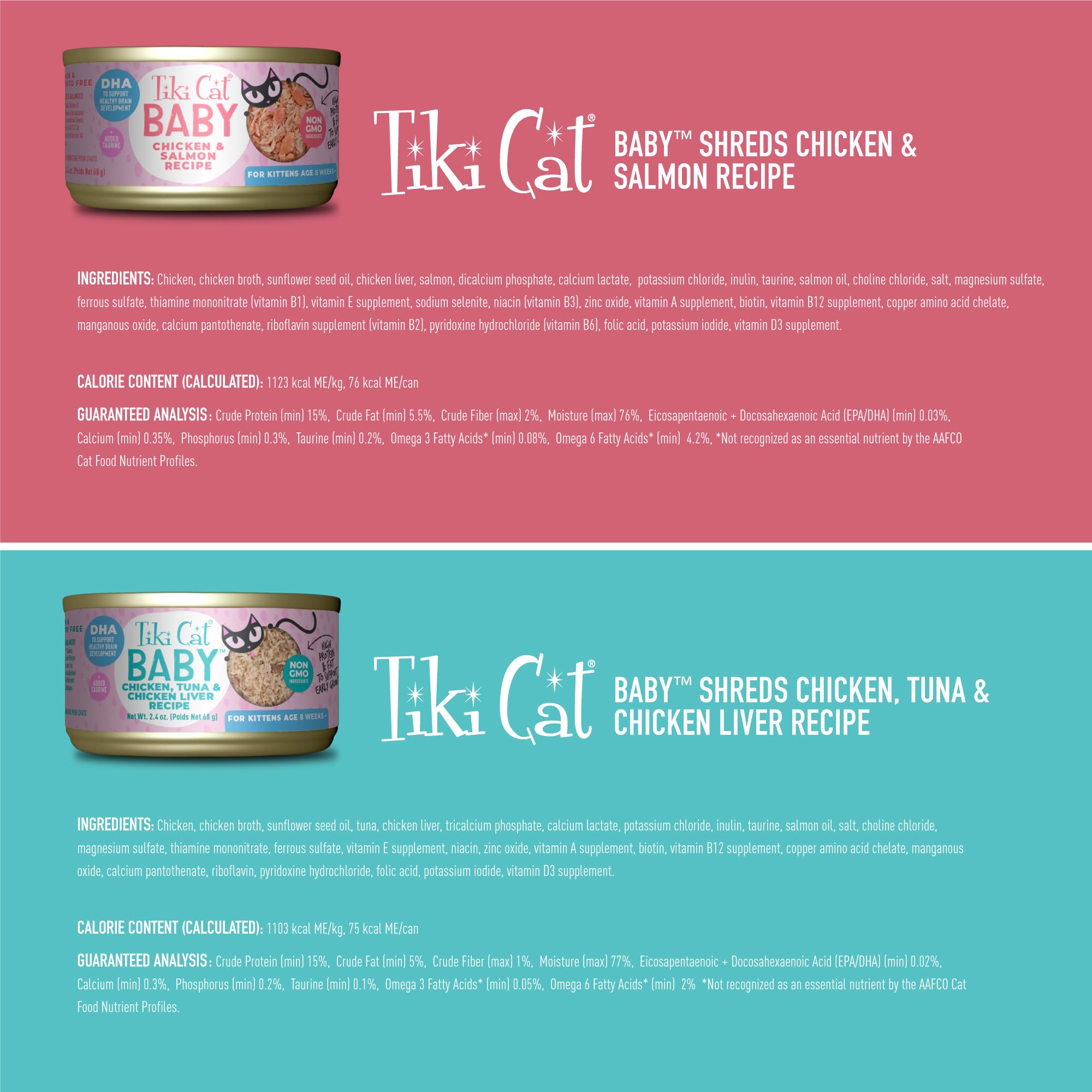 Tiki Cat Baby, Shreds Variety Pack, High-Protein and Flavorful, Wet Cat Food for Kittens 8 Weeks Plus, 2.4 oz. Cans (Pack of 12)