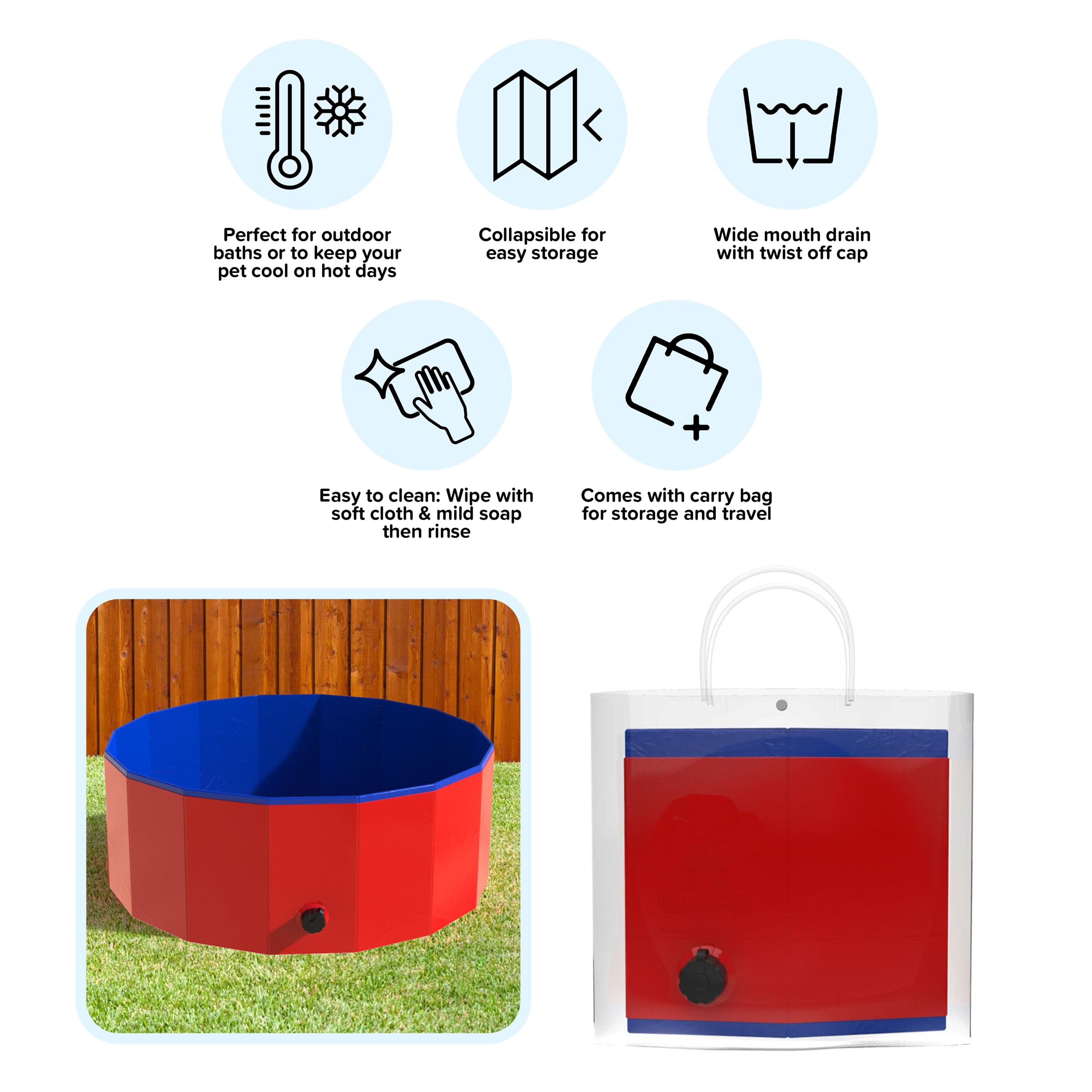 Foldable Dog Pool - 30.5X12In Pet Pool - Durable Pvc Outdoor Pool With Drain For Grooming, Bathing, Or Play - Kiddie Pool For Dogs By Petmaker (Red)
