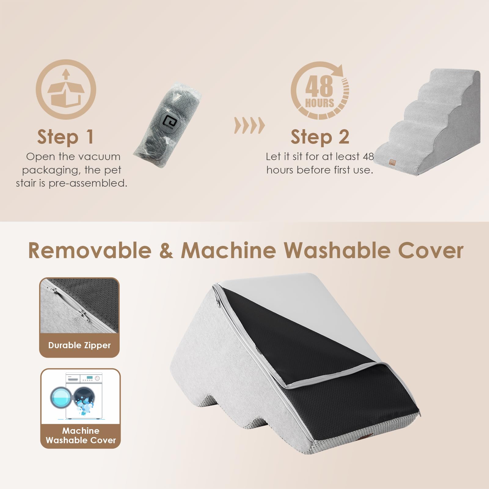 Eheyciga Curved Dog Stairs Ramp For High Beds 22.6' H, 5-Step Dog Steps For Small Dogs And Cats, Pet Stairs For High Bed Climbing, Non-Slip Balanced Pet Step Indoor, Light Grey