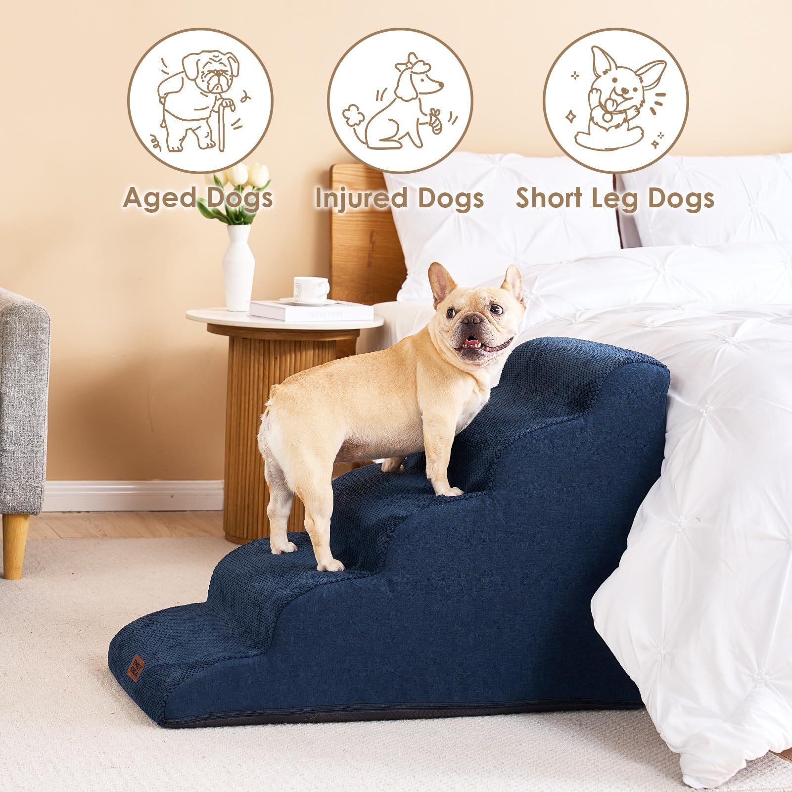 Eheyciga Curved Dog Stairs Ramp For High Beds 22.6' H, 5-Step Dog Steps For Small Dogs And Cats, Pet Stairs For High Bed Climbing, Non-Slip Balanced Pet Step Indoor, Navy