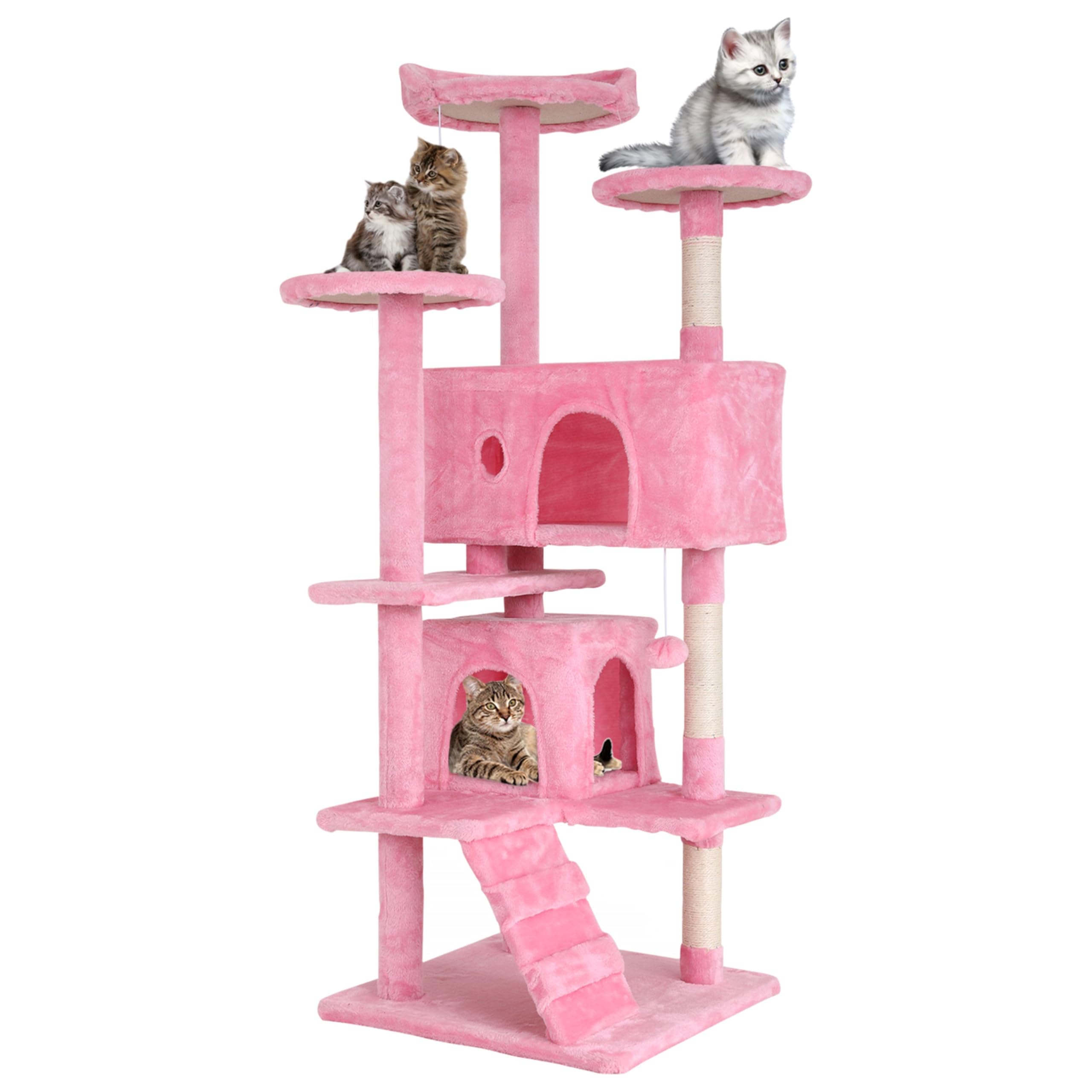 24/7 Shop At Home Court 54 Inch Multi-Level Cute Cat Tree Tower With Dangling Ball And Scratching Posts For Indoor Cats Adults, 