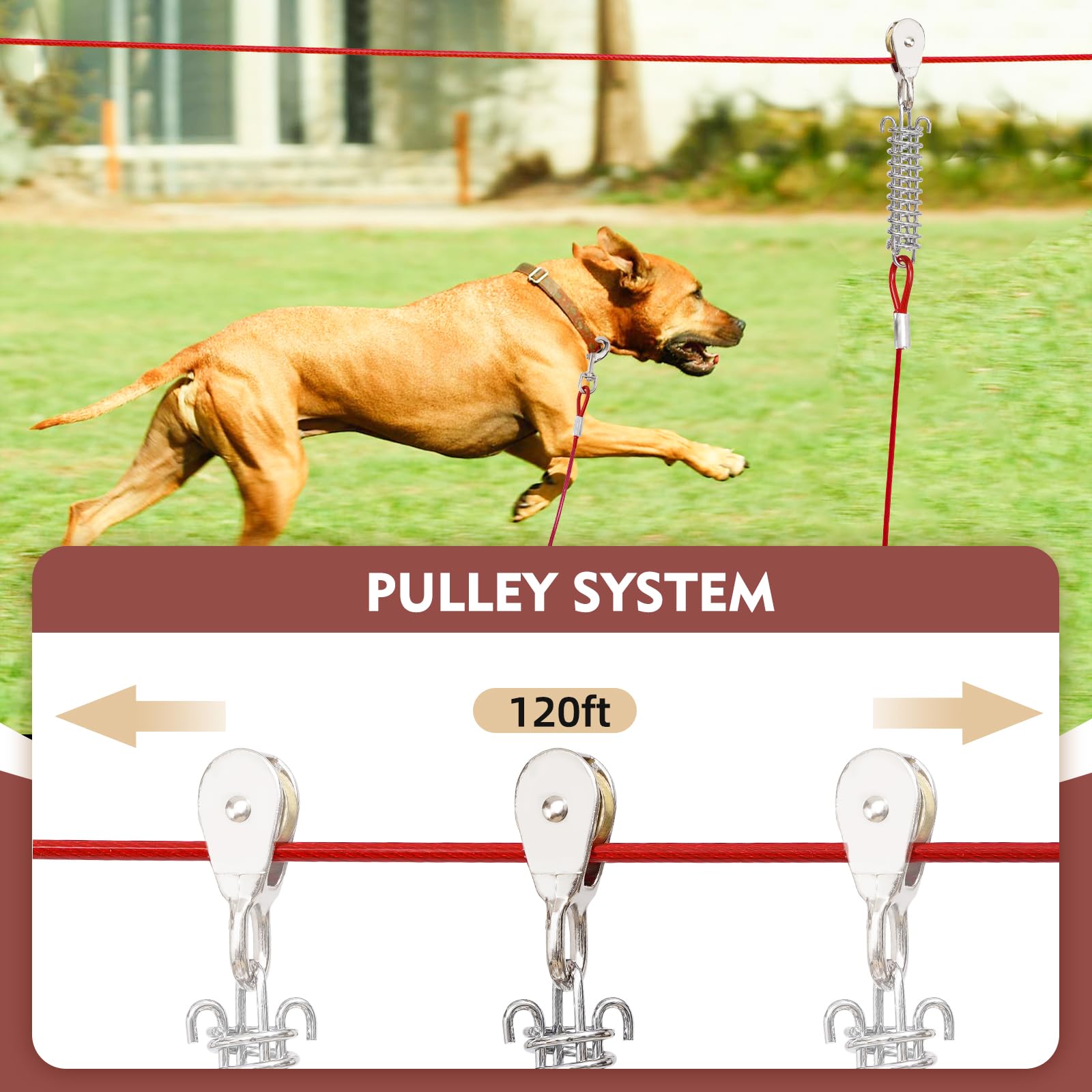 Luffwell Dog Runner System - 120Ft Long Dog Lead With 10Ft Shock Absorption Spring And Pulley For Yard, Park And Outside