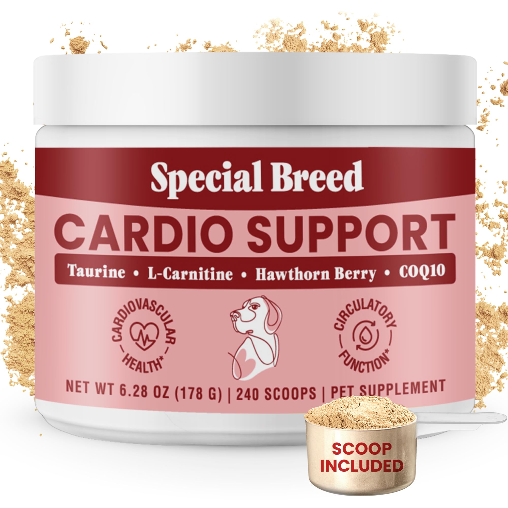 Taurine Supplement for Dogs - Heart Health & Circulation Support - Powder Formula with L-Carnitine, CoQ10 & Organic Hawthorn Ber