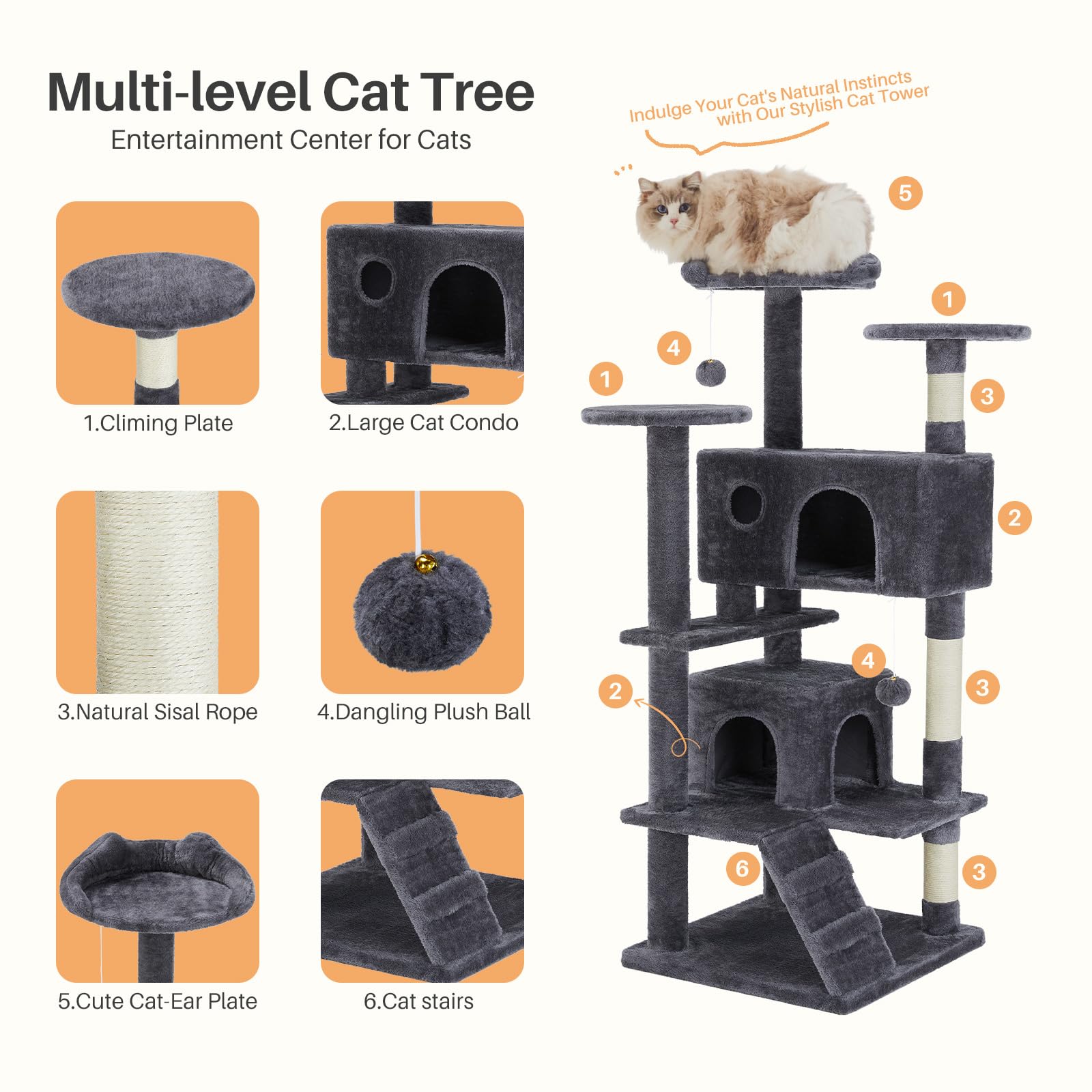 Cat Tree, 54 Inch Cat Tree Tower, Multi-Level Cat Tower With Scratching Post For Indoor Cats, Plush Cat Condo, Cat Play House Wi