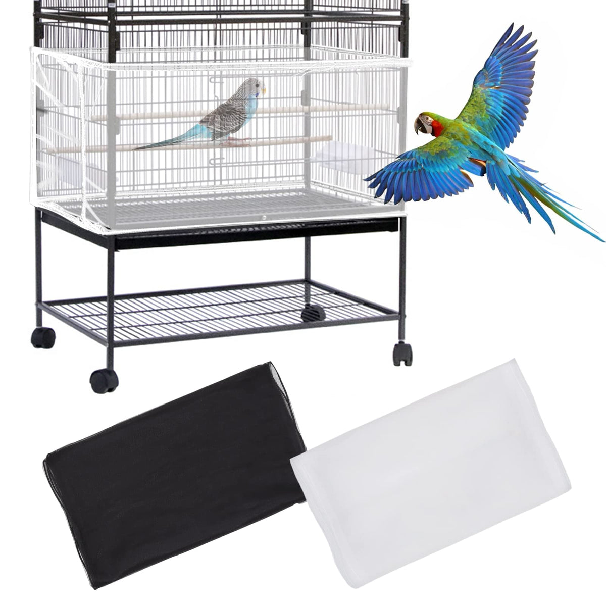 Daoeny 2Pcs Large Bird Cage Cover, Adjustable Parrot Nylon Airy Soft Mesh Net, Universal Seed Feather Catcher, Birdcage Cover Skirt Sheer Guard For Parakeet Macaw Round Square Cages