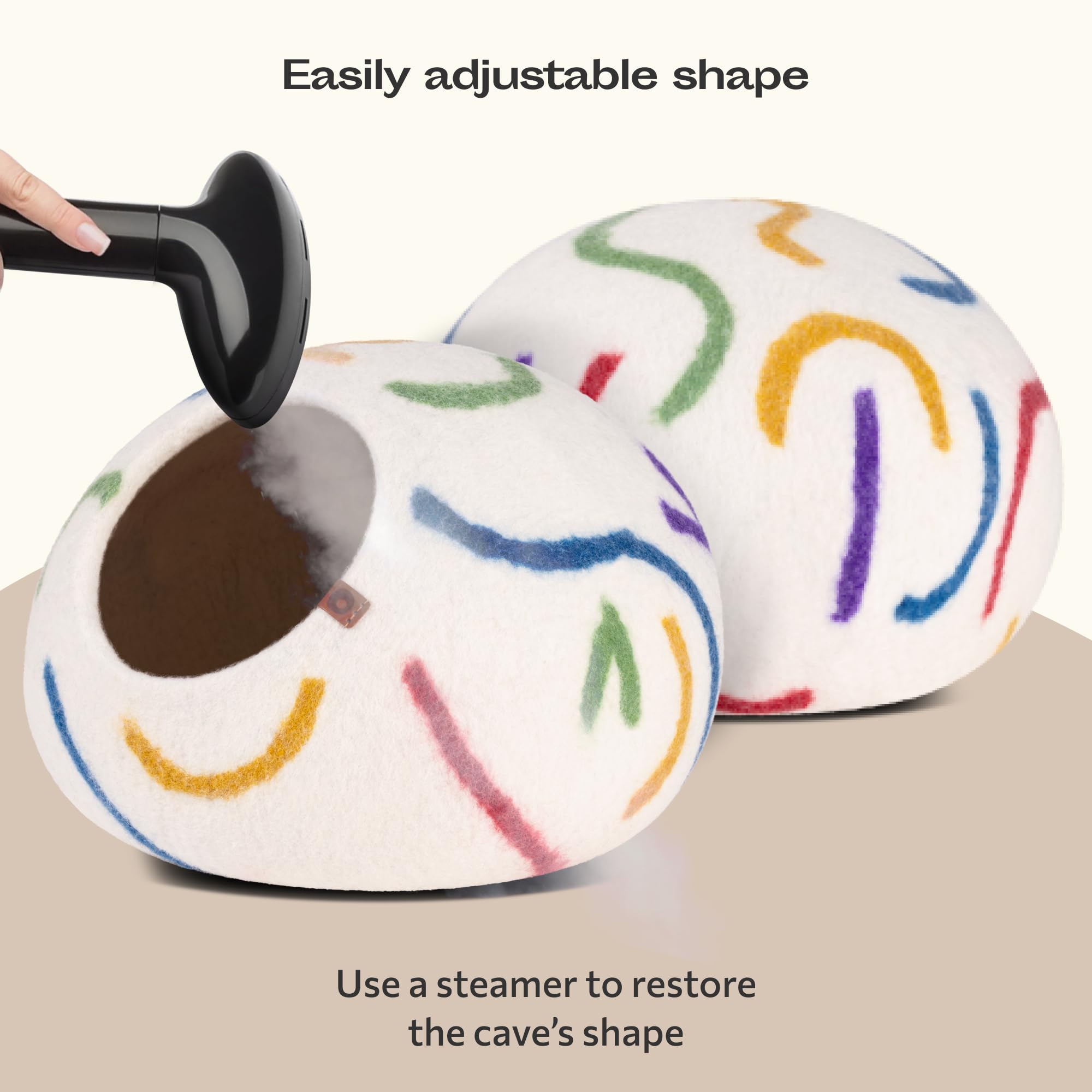 Meowfia Cat Cave - Premium Felt Cat Bed For Indoor Cats, Handmade 100% Merino Wool (Vivid Shades) (Large, Ivory Rainbow)