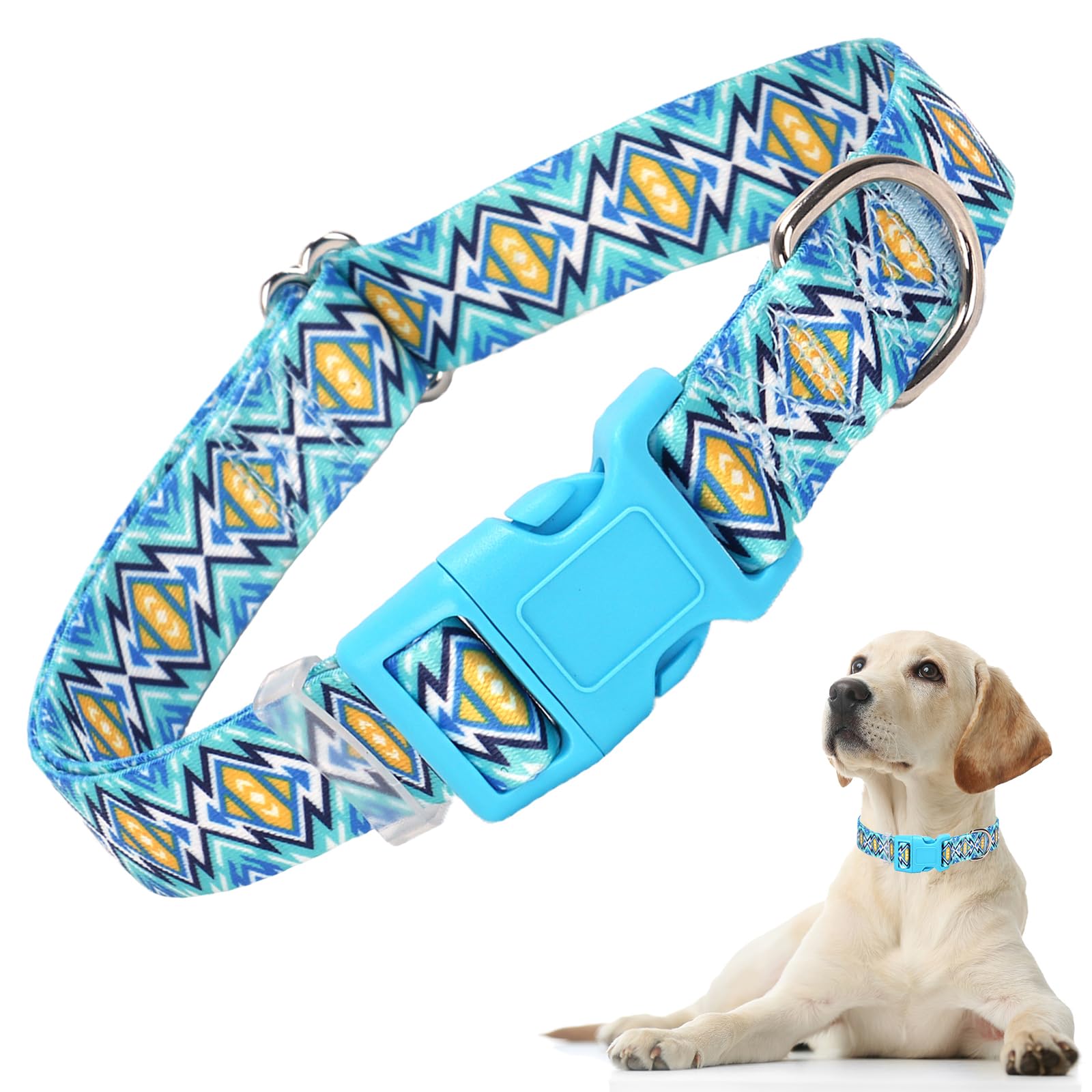 Dog Collar For Large Dogs With Blue African Tribal Boho Pattern, Adjustable Soft Pet Collar With Buckles For Boy Puppy Dogs Smal