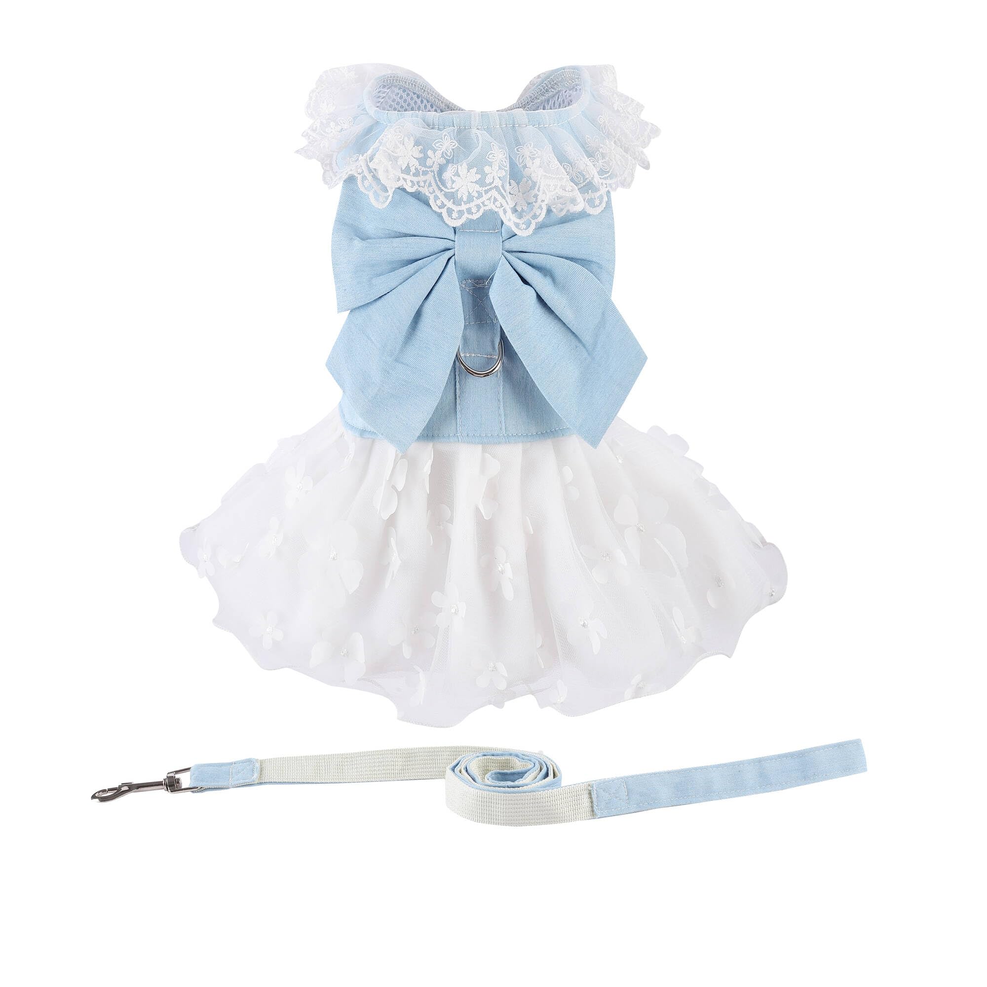 Dog Denim Dress With Leash Ring, Puppy Bowknot Lace Mesh Princess Skirt For Small Pet Fashion Clothes(Light Blue,Large)