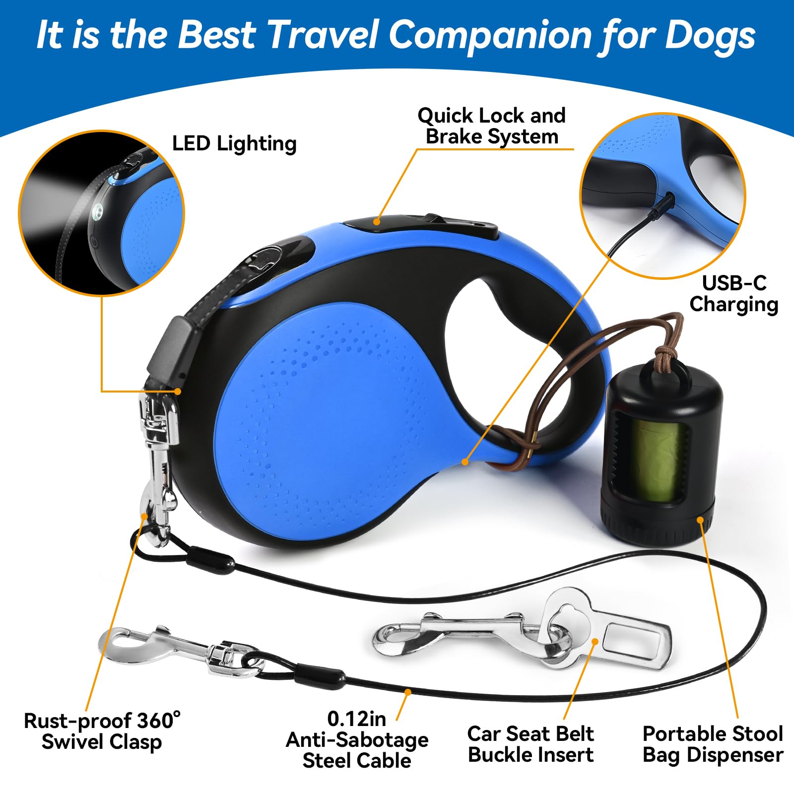 Odriew 16Ft Heavy Duty Retractable Dog Leash With Chew Proof Cable-For Dog Up To 110Lbs, With Rechargeable Led Light, Dispenser,