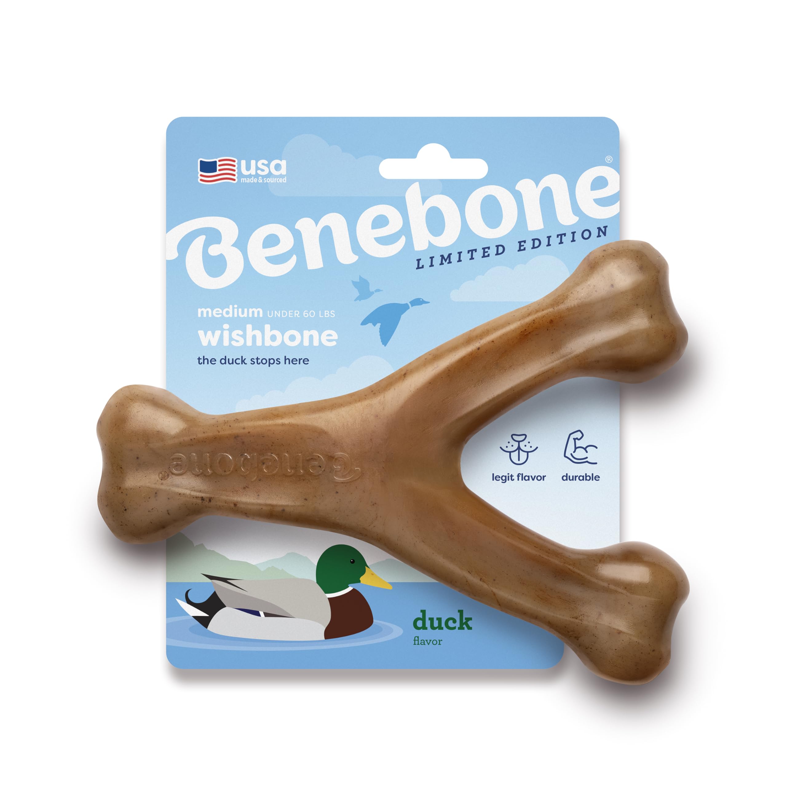 Benebone Wishbone Durable Dog Chew Toy for Aggressive Chewers, Duck, Made in USA, Medium