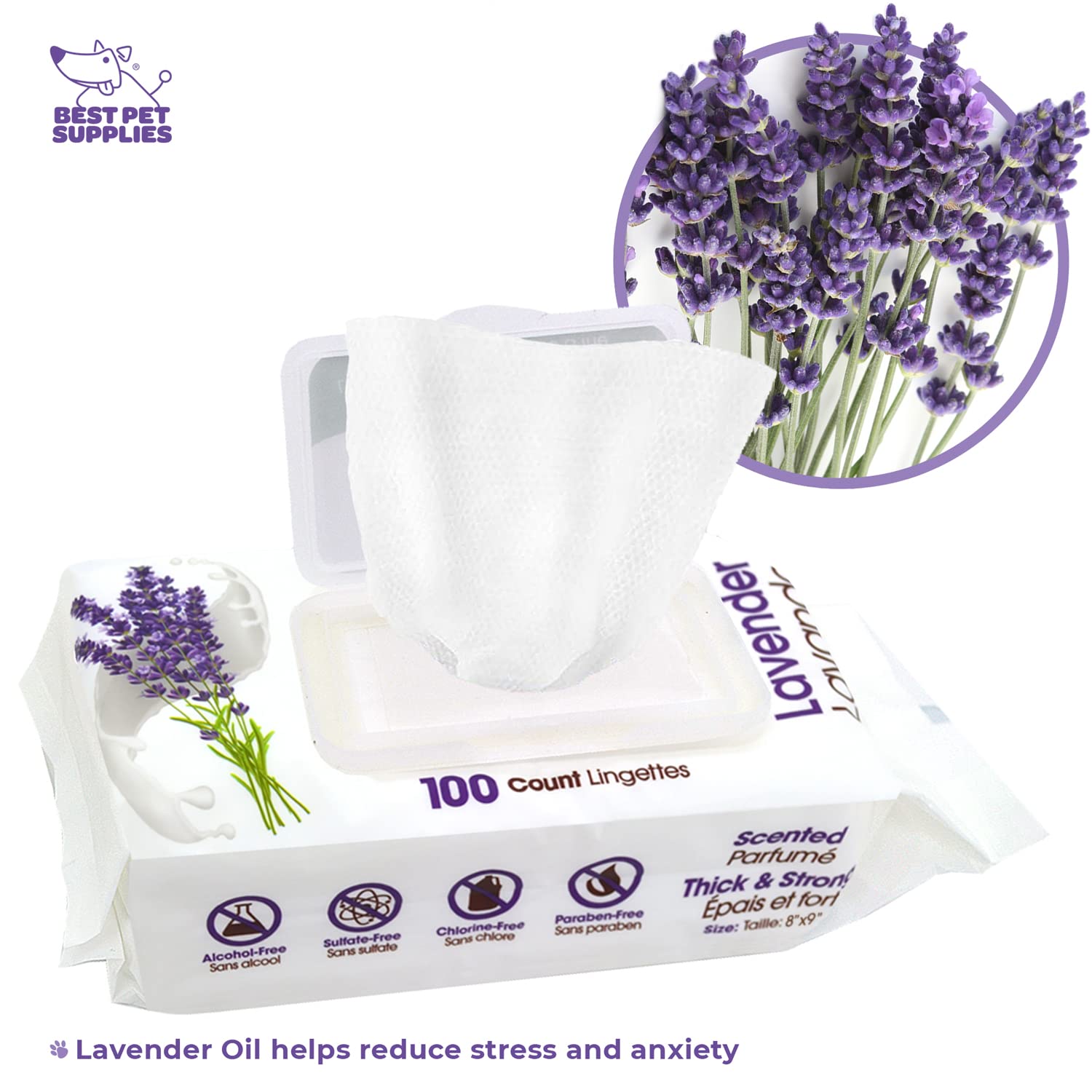 Lavender-Scented Calming Pet Wipes For Dogs & Cats - Extra Soft & Strong Grooming Wipes With Gentle Plant-Derived Formula - By B