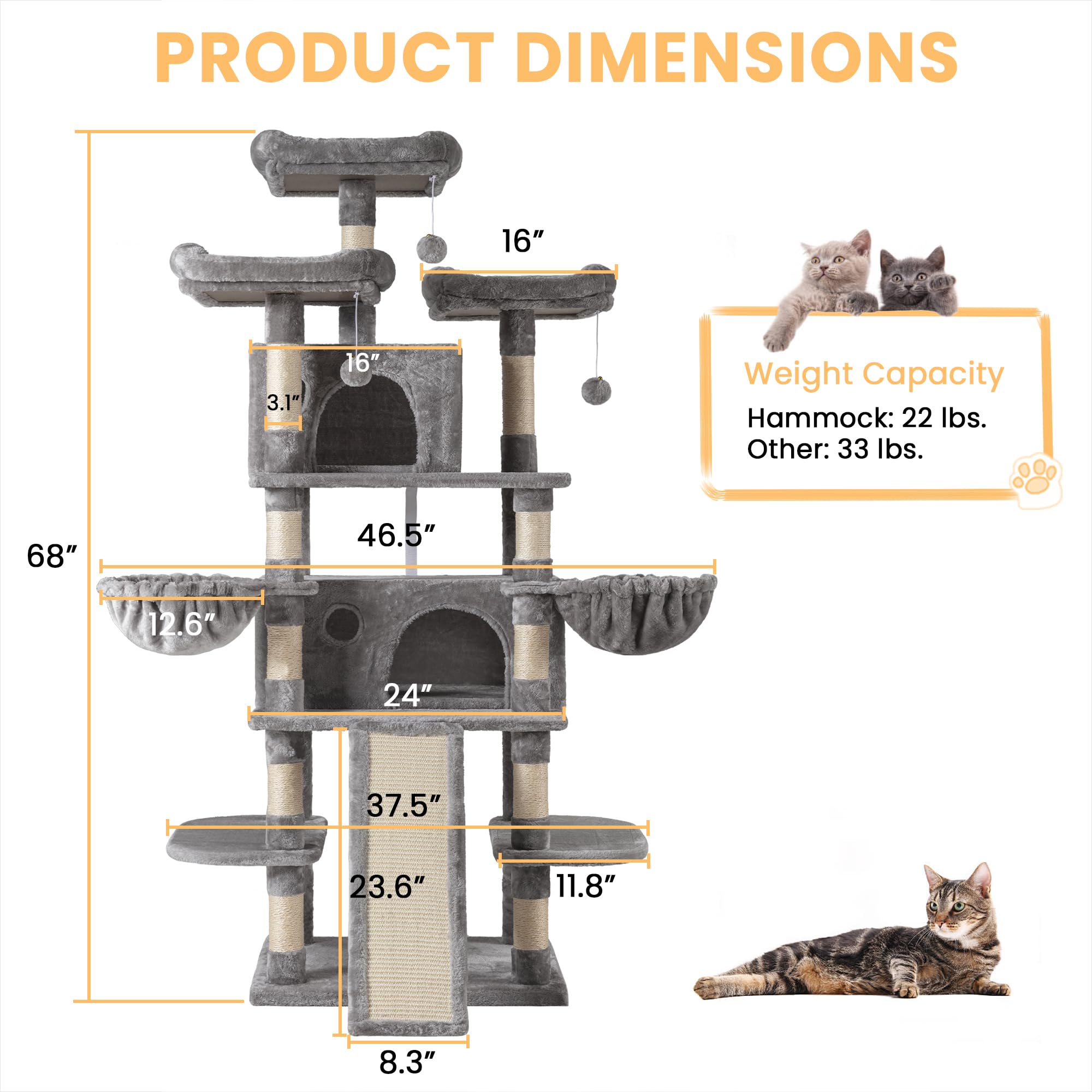 Sha Cerlin 68 Inches Multi-Level Large Cat Tree For Large Kitties/Big Cat Tower With Condo/Cozy Plush ‌Pussycat Perches/Sisal Scratching Posts And Hammocks/Activity Center/Grey