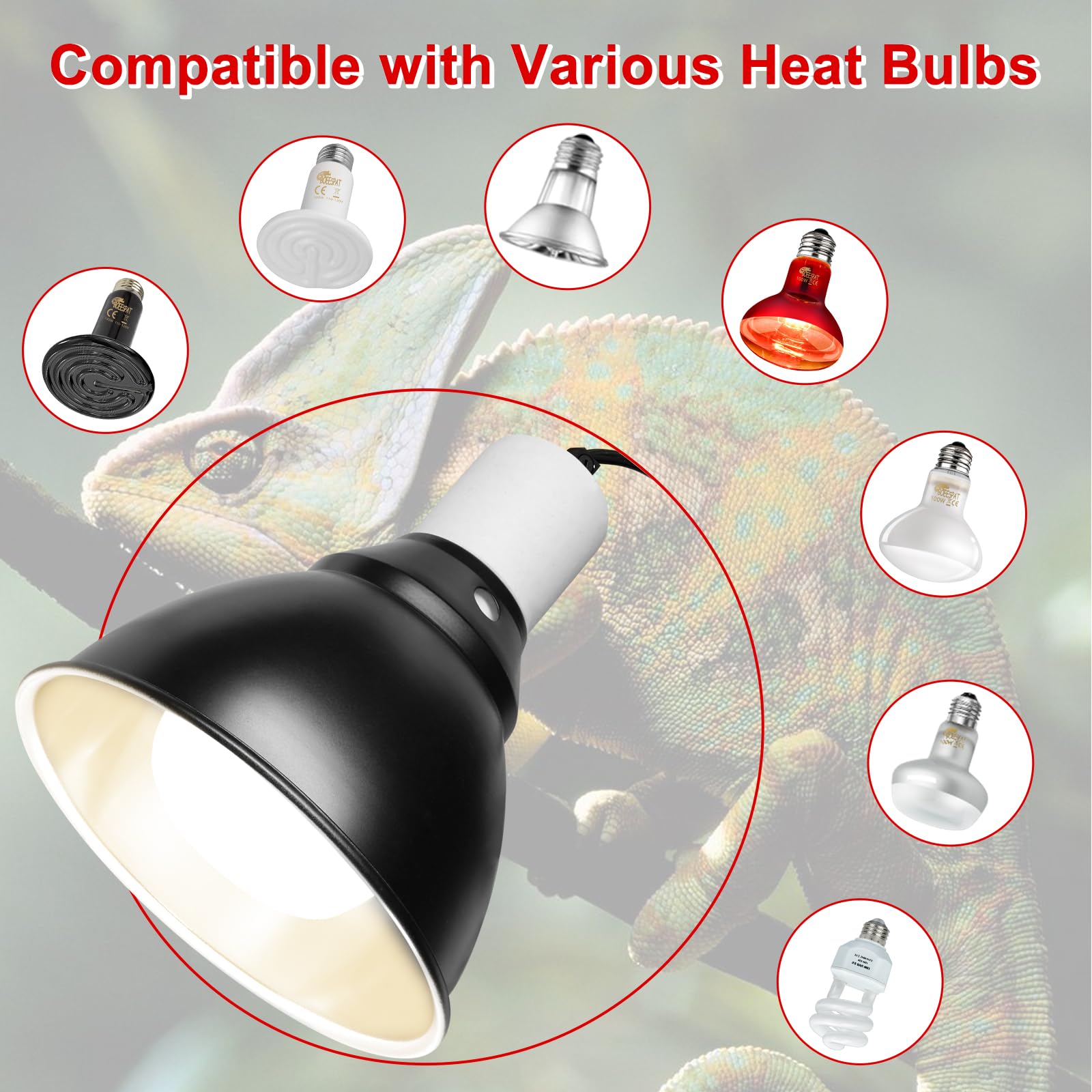BOEESPAT Reptile Lamp Fixture - 5.5" Deep Dome, White, Aluminium Alloy, Compatible with 60W-150W Heat Bulbs, Switch Included