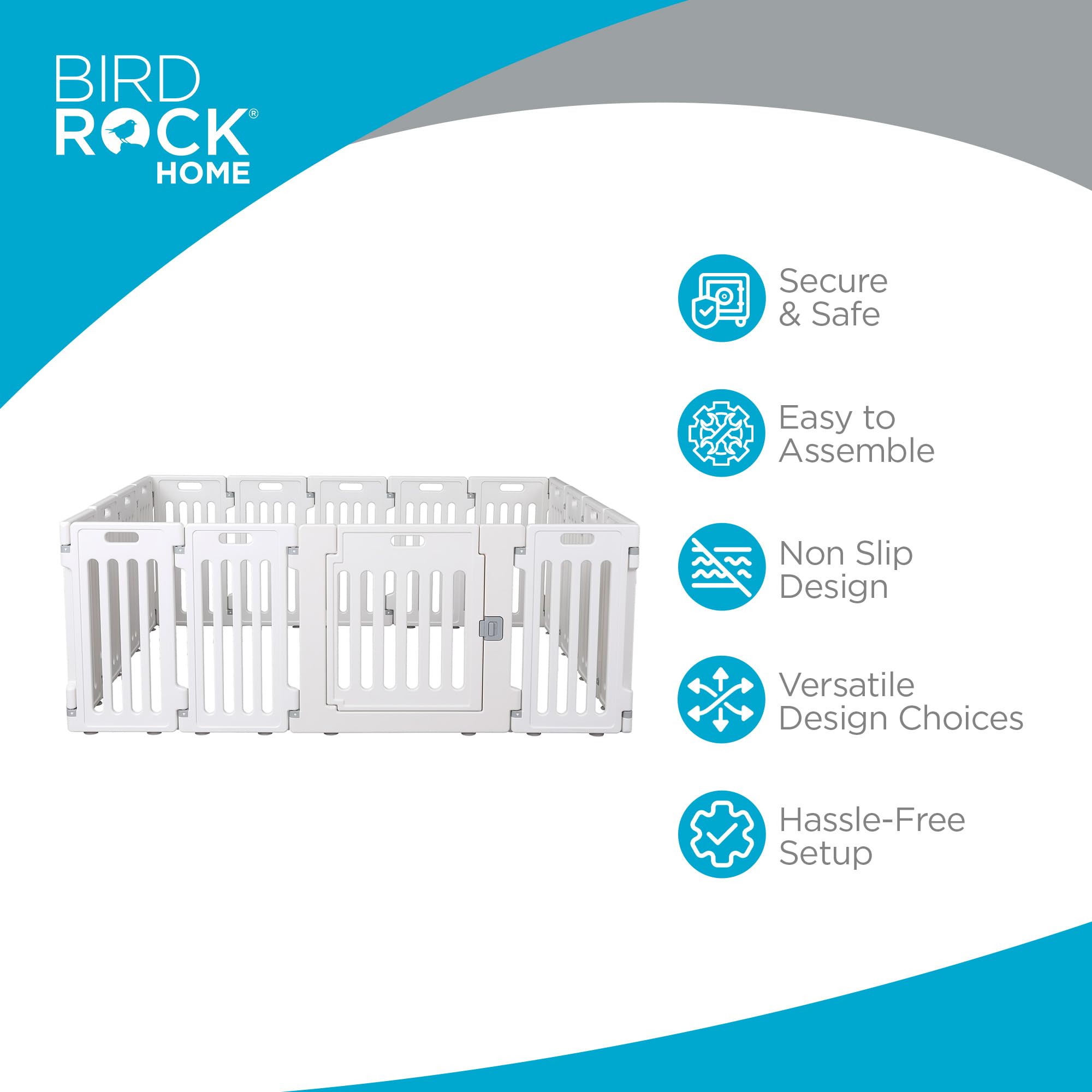 Birdrock Home Dog Playpen W/Door, 16 Panel, 25.6In H | Strong Plastic, Non-Slip Puppy Playpen, Secure Pet Gate | Indoor Outdoor