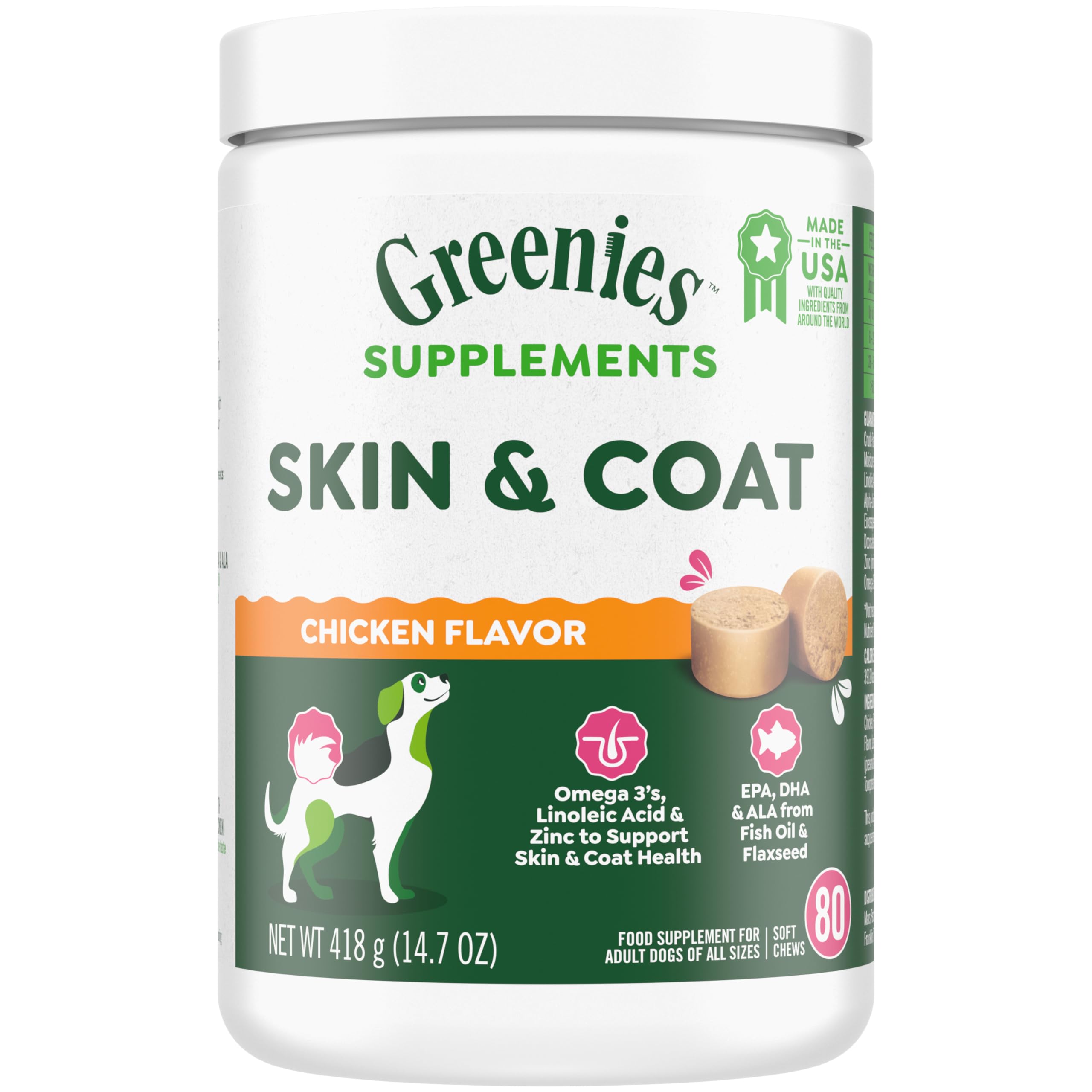 Greenies Supplements Dog Skin and Coat Supplements with Fish Oil & Omega 3 Fatty Acids, Chicken Flavor, 14.7 oz., 80-Count Soft 
