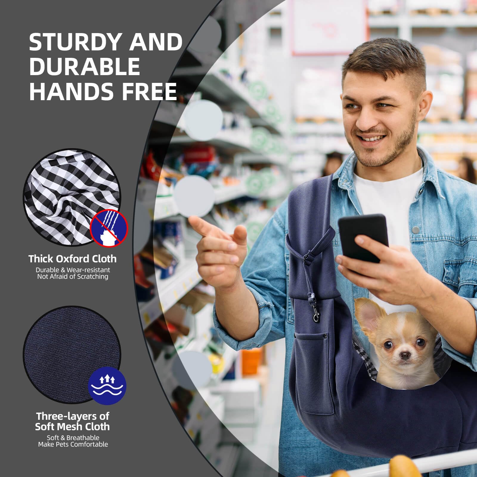 Dog Carrier Sling - Reversible Puppy Carrier Purse With Storage Pocket, Hand-Free Dog Sling Carrier For Carry Small Dogs And Cats, Travel Safety Harness, Dog And Cat Harness (Dark Blue)