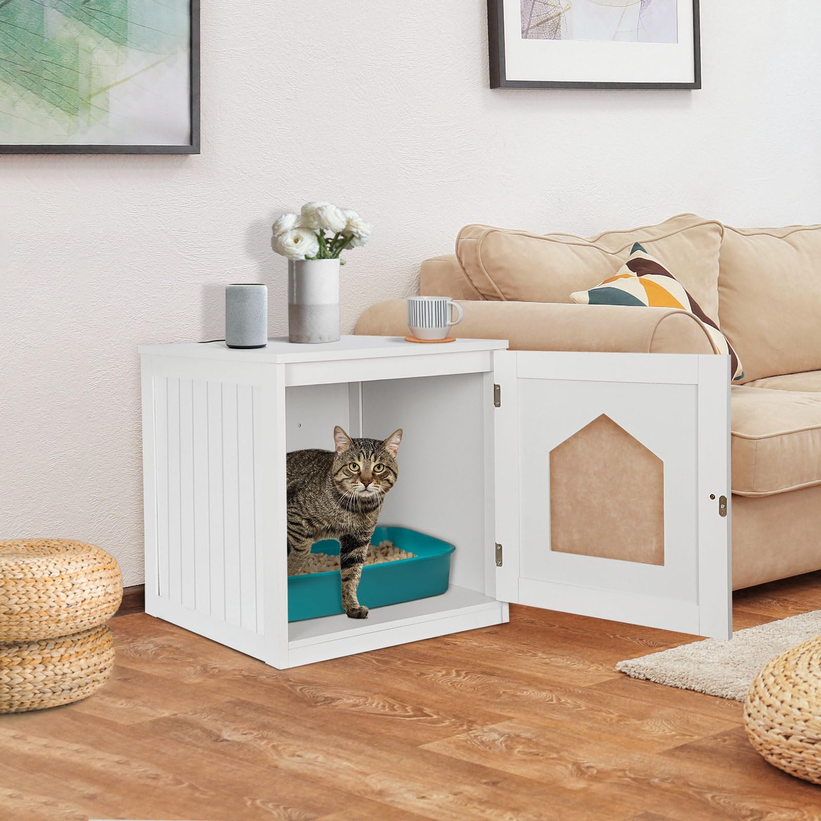 Zeny Cat House & Side Table, Pet Cat Litter Box Enclosure With Vent Holes, Wooden Enclosed Cat Washroom, White