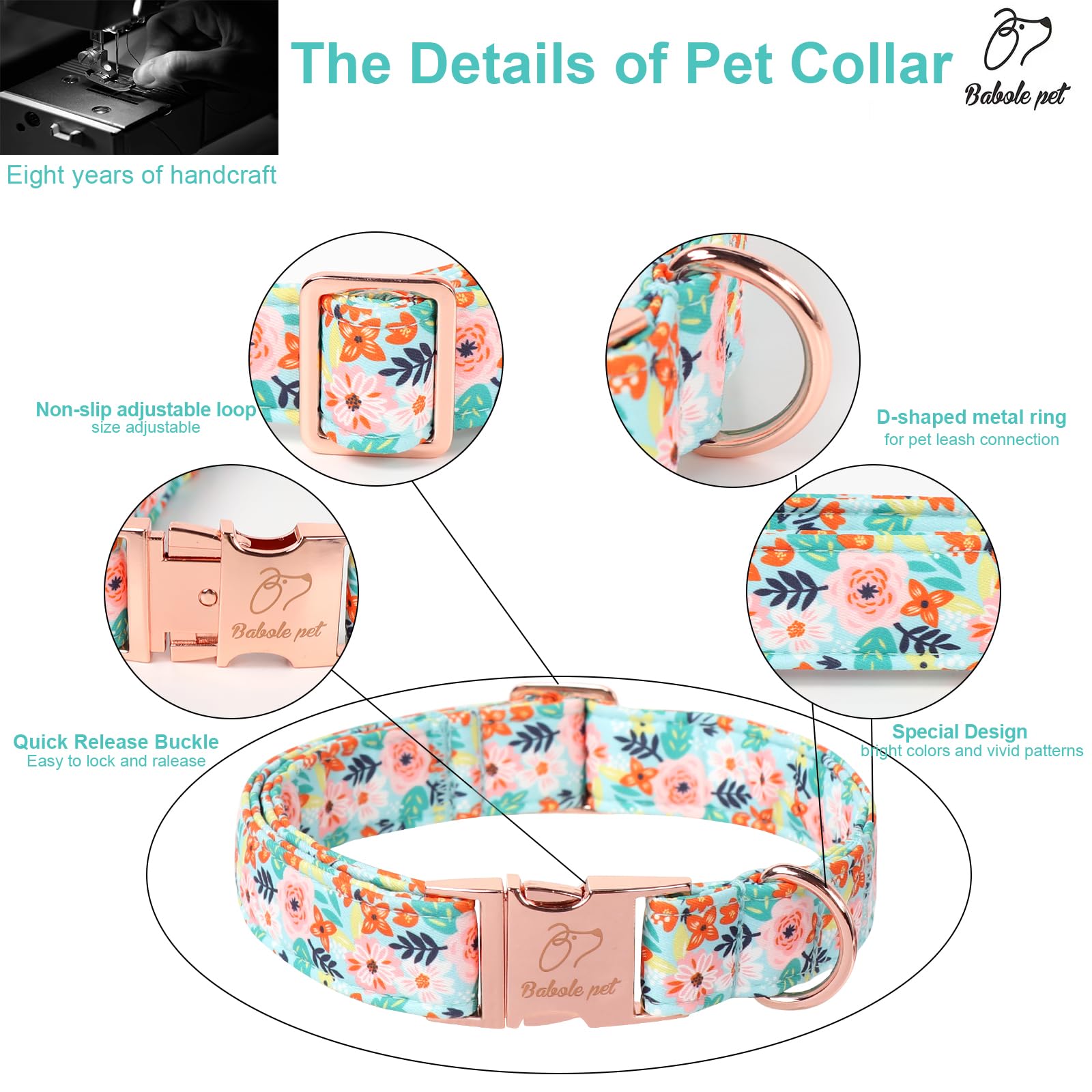 Babole Pet Floral Dog Collar - Light Blue XS Cotton Collar for Tiny Dogs with Metal Buckle