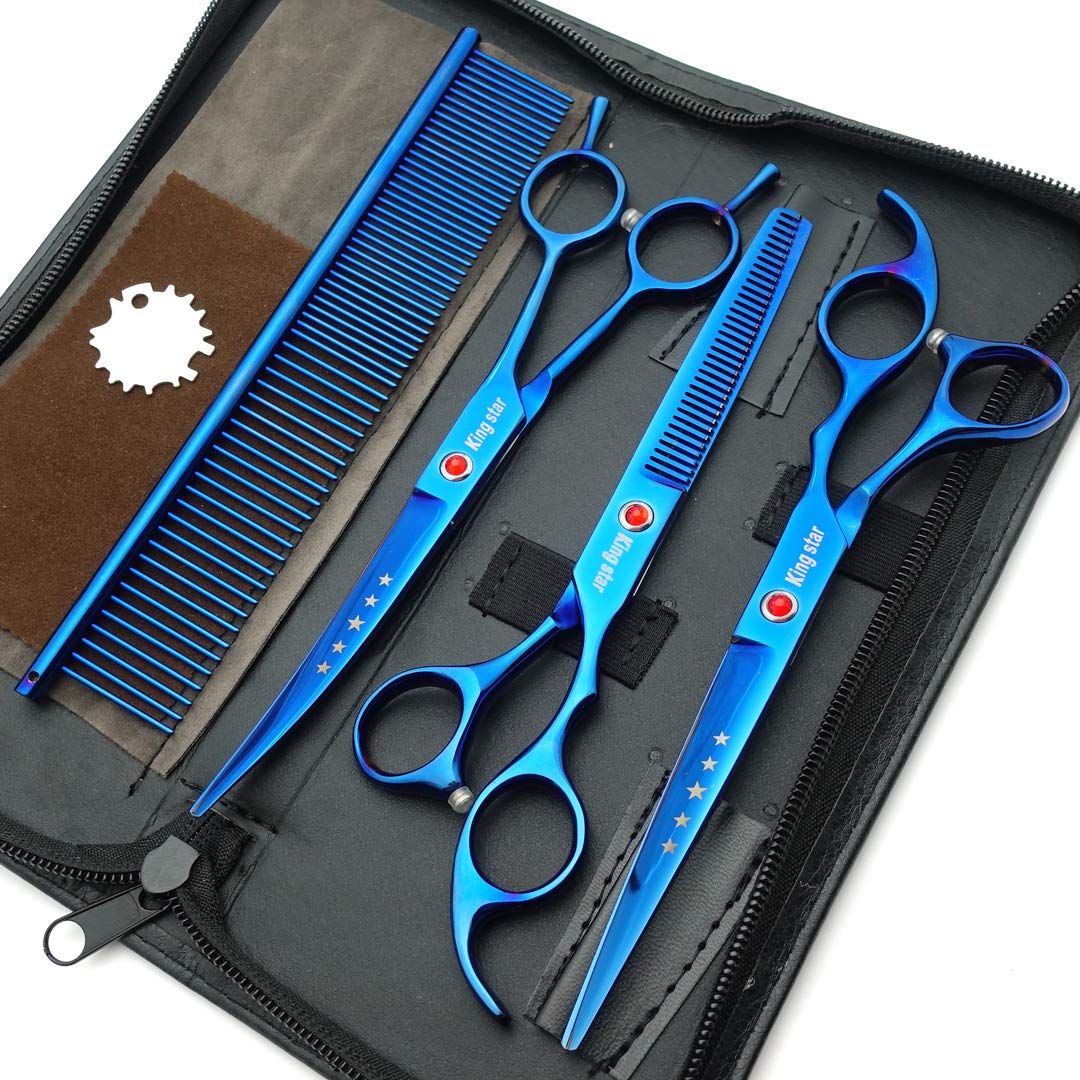 7.0in Titanium Professional Pet Grooming Scissors Set,Straight & Thinning & Curved Scissors 3pcs Set for Dog Grooming,A350 (Blue