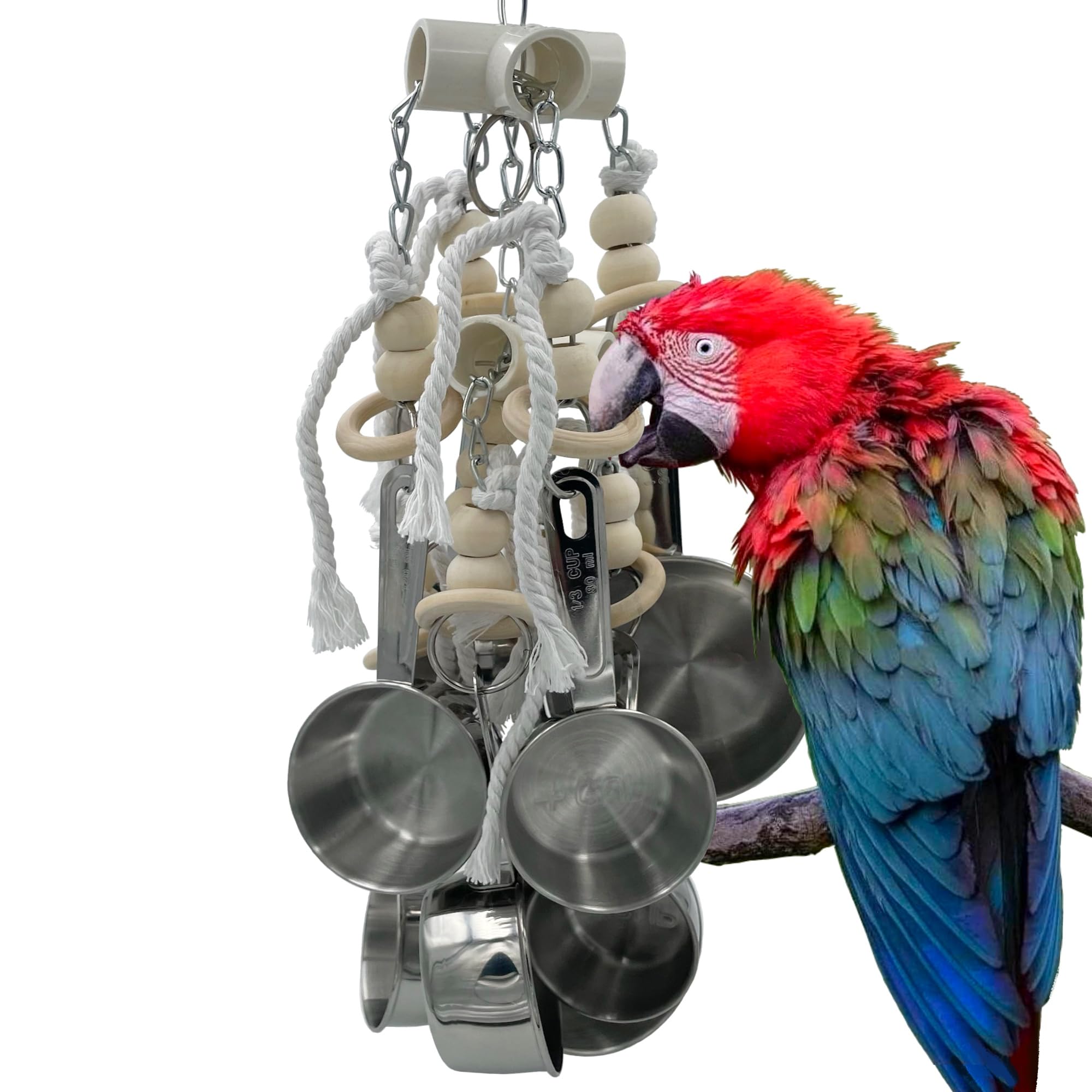 GILYGI Durable Stainless Steel Pots & Wooden Beads Parrot Toys - Pullable 8 Metallic Cups & 8 Natural Dye-Free Rings for Large &