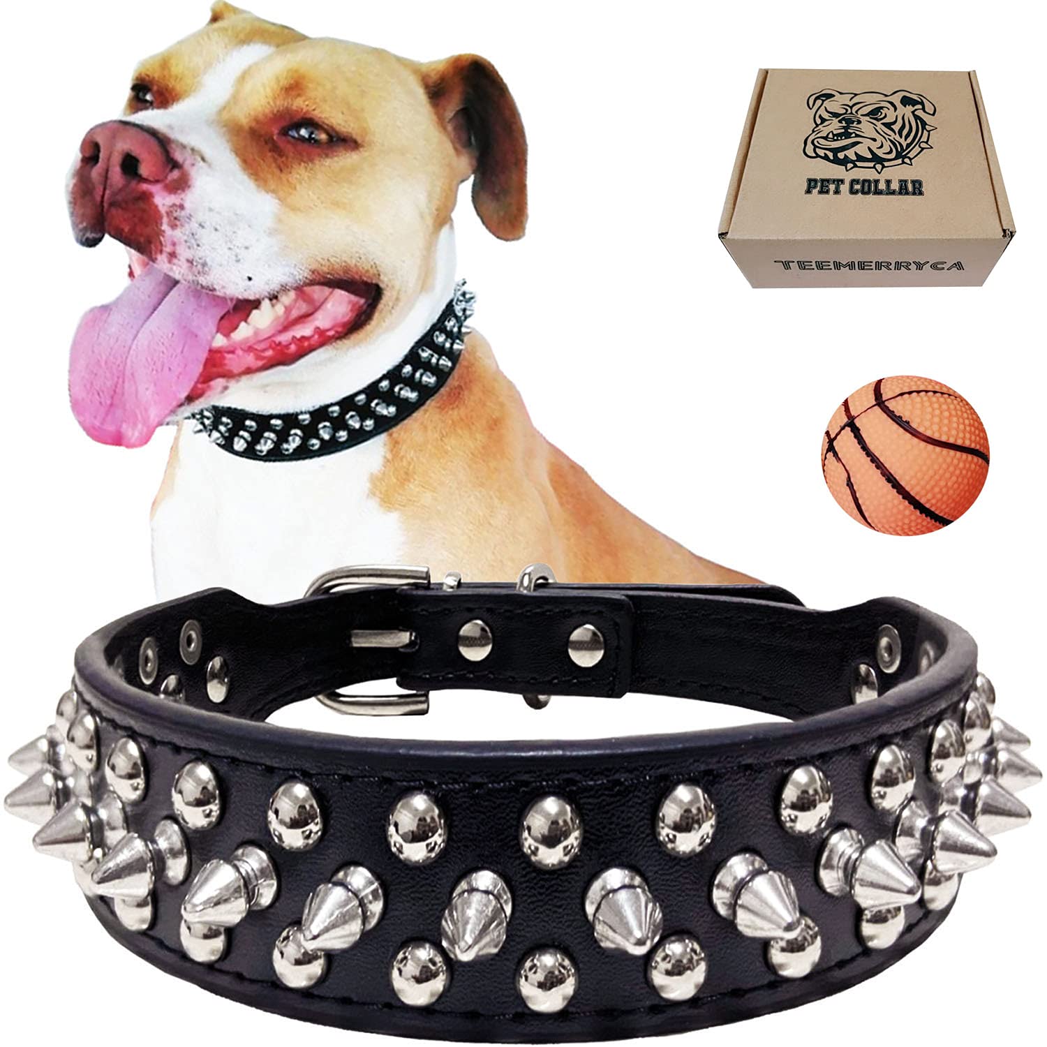 Teemerryca Adjustable Pu Leather Spiked Studded Dog Collars With A Squeak Ball Gift For Small Medium Large Pets Like Cats/Pit Bull/Bulldog/Pugs/Husky, Purple, L 15'-18.5'