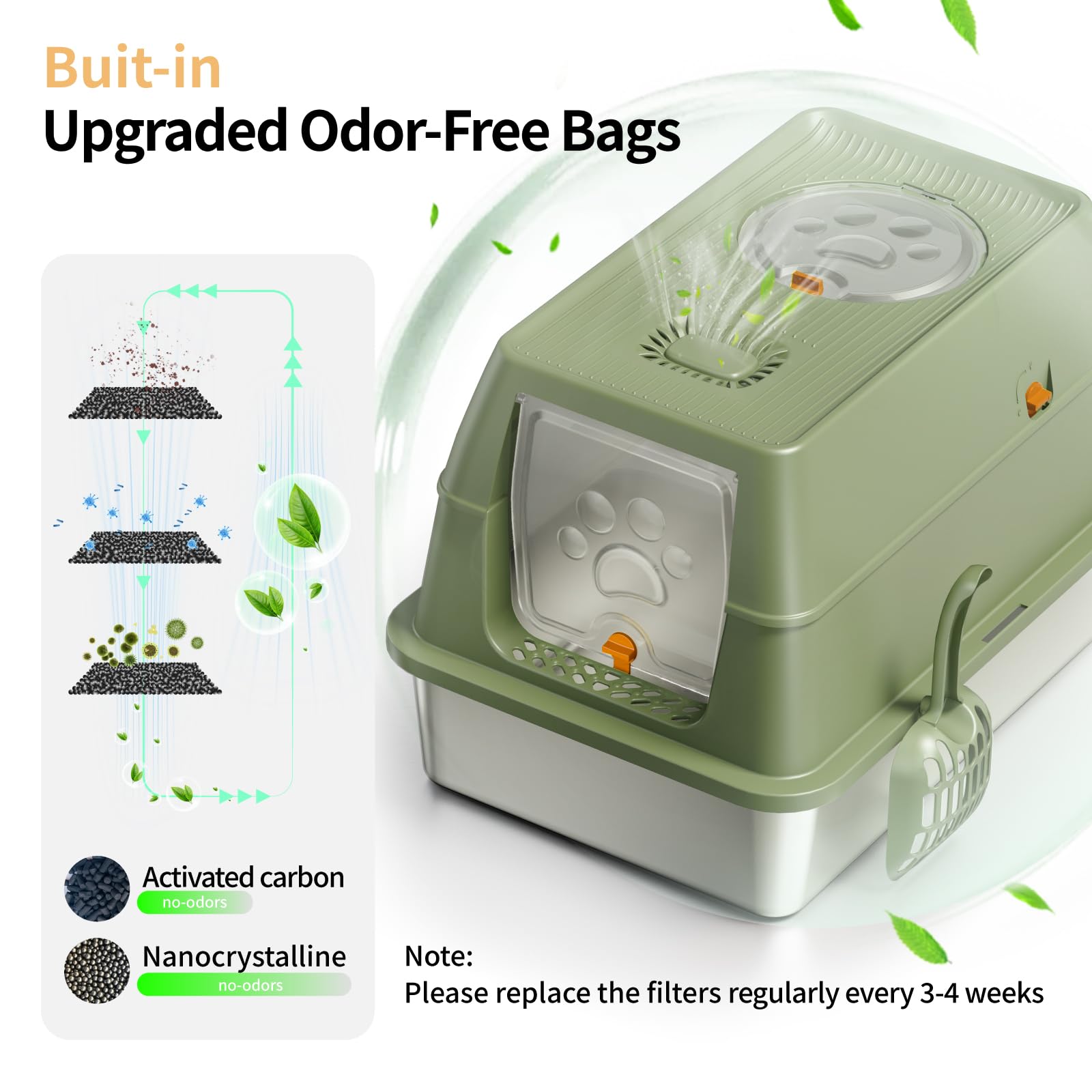 Eosarcu Stainless Steel Cat Litter Box with Lid, XL Large Enclosed High Sided Litter Box with Removable Lid, Carbon Filters -Odo