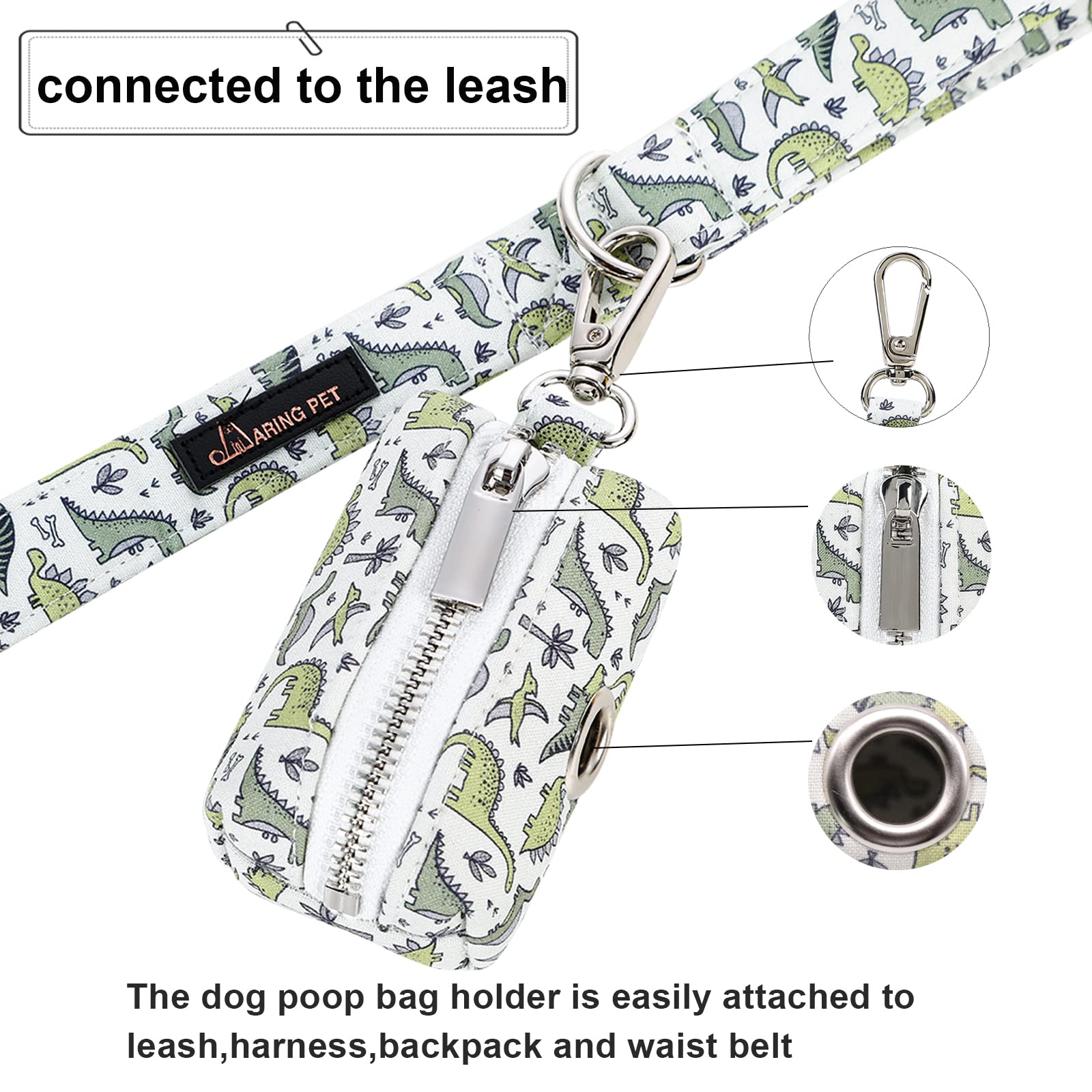 Aring Pet Dog Waste Bag Dispenser, Cotton Doggy Poop Bags Holders Attach To Any Leashes, Portable Washable Dinosaur Pet Waste Po
