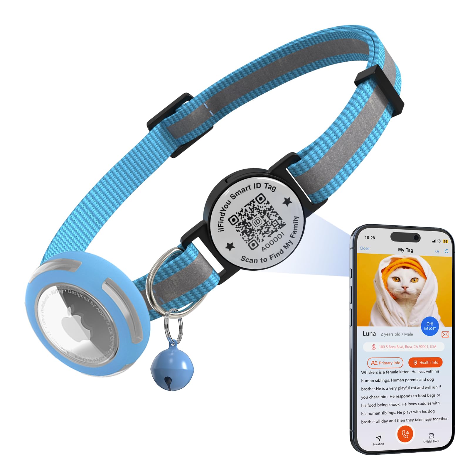 Ilfindyou Waterproof Airtag Cat Collar Breakaway, Reflective Cat Collars With Apple Airtag Holder And Qr Code, Adjustable Gps Tr