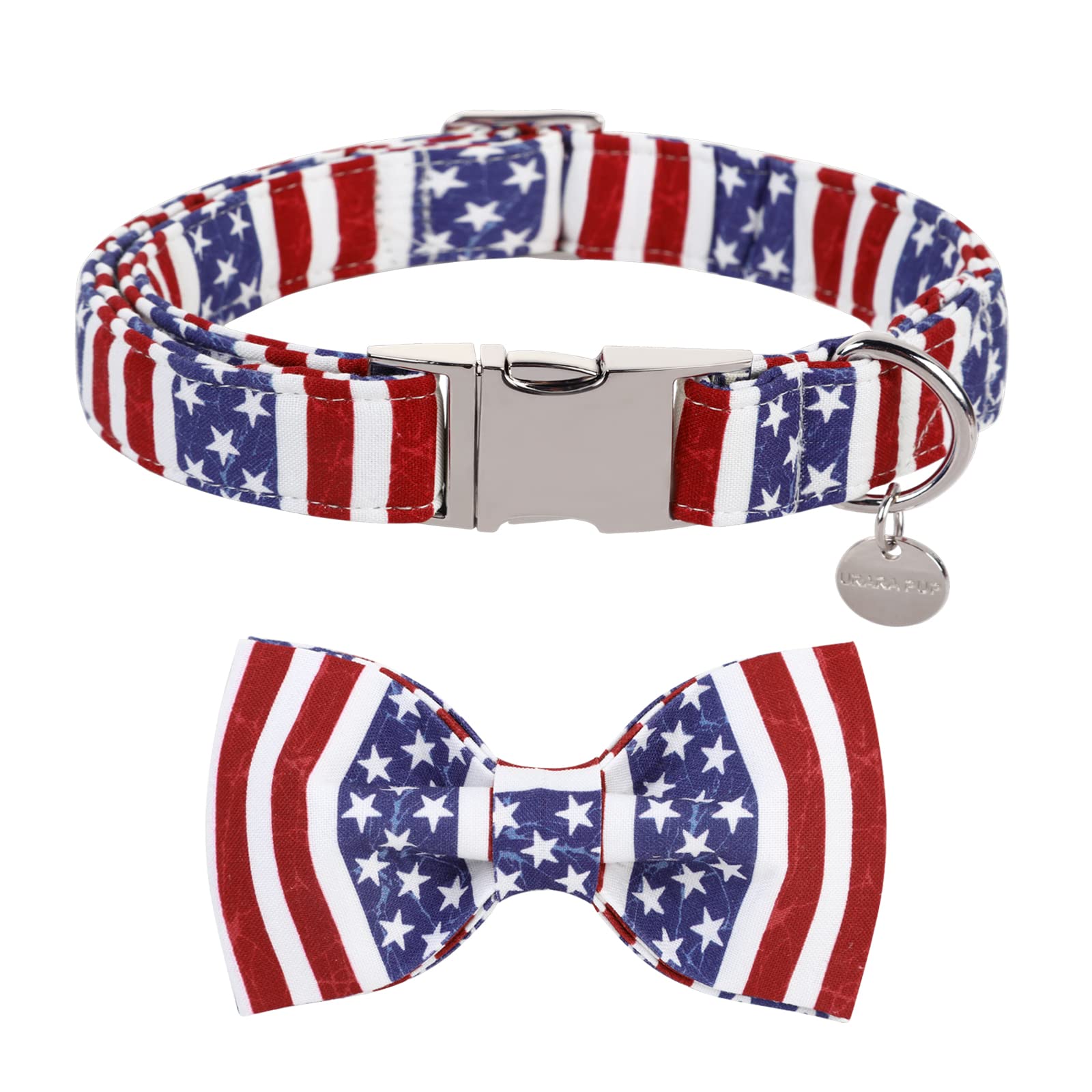 Up Urara Pup Dog Collar With Bow Tie, 4Th Of July Comfortable Cotton Dog Collar, American Flag Collar For Large Girl Boy Dog, Pa