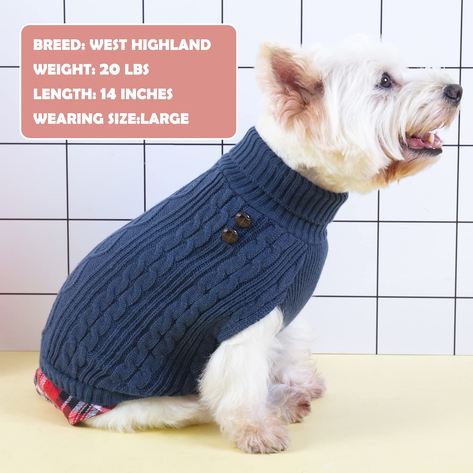 Kyeese Dog Sweaters For Small Dogs Navy Blue With Leash Hole Turtleneck Dog Pullover Sweater With Gingham Patchwork Knit Warm Puppy Sweater