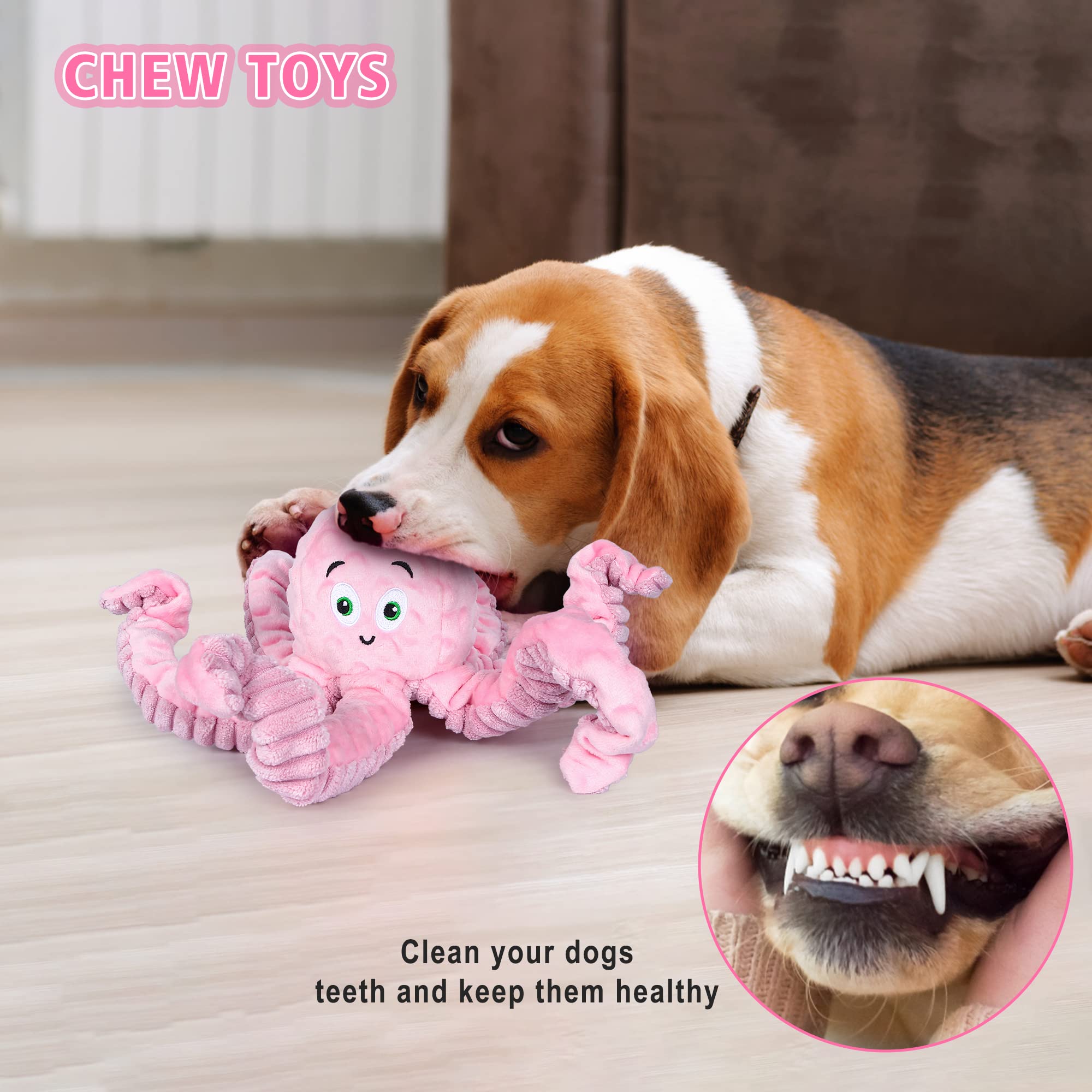 Buypow Dog Squeaky Toys Octopus - Tough Plush Large Medium & Small Dog - Stuffed Animals Puppy Toys - Funny Cute Dog Birthday Pr
