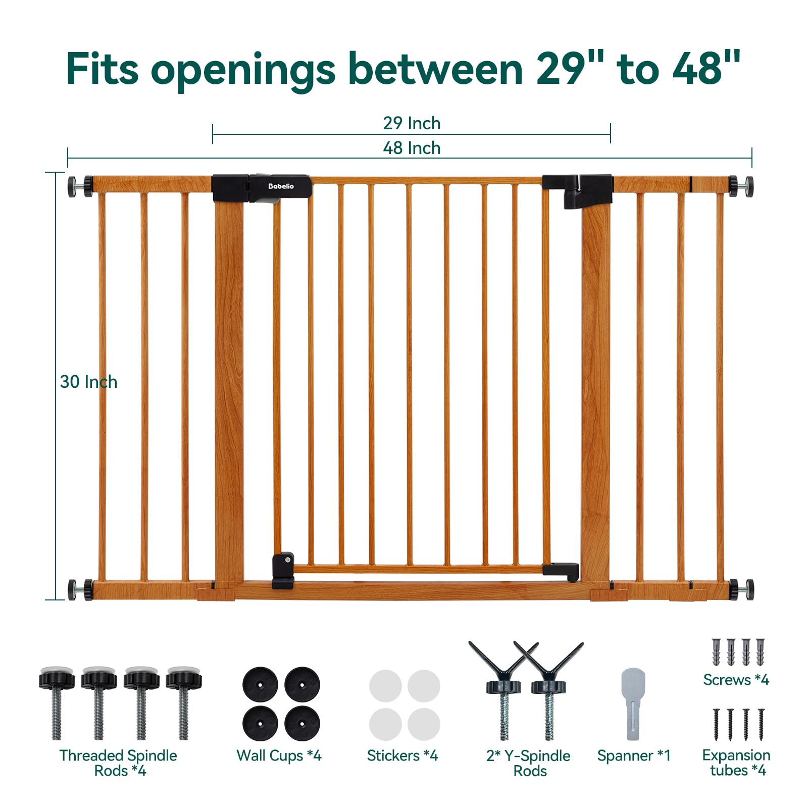 BABELIO 29-48 Metal Baby Gate with Brown Wood Pattern, Auto Close Dog Gate PressGuard P7 for The House, Stairs and Doorways, Pre