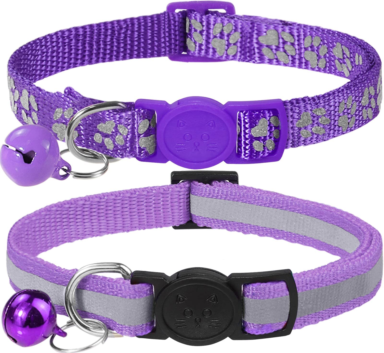 Taglory Reflective Cat Collars Breakaway With Bell, 2 Pack Girl Boy Pet Kitten Collar Adjustable 6-8 Inch, Purple