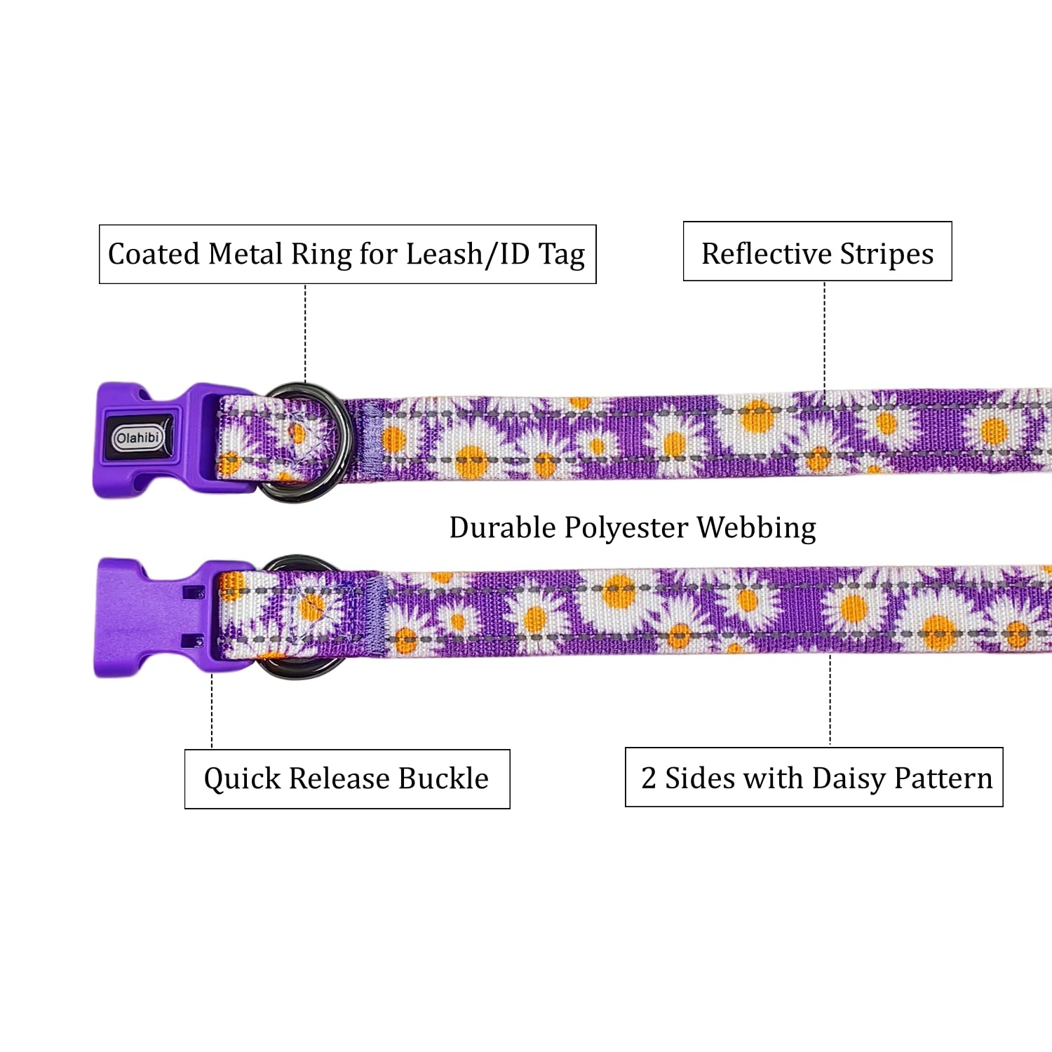 Olahibi Floral Pattern Dog Collar, Pretty Daisy Print, Durable Nylon With Reflective Stripes, Adjustable Length, For Medium Dogs