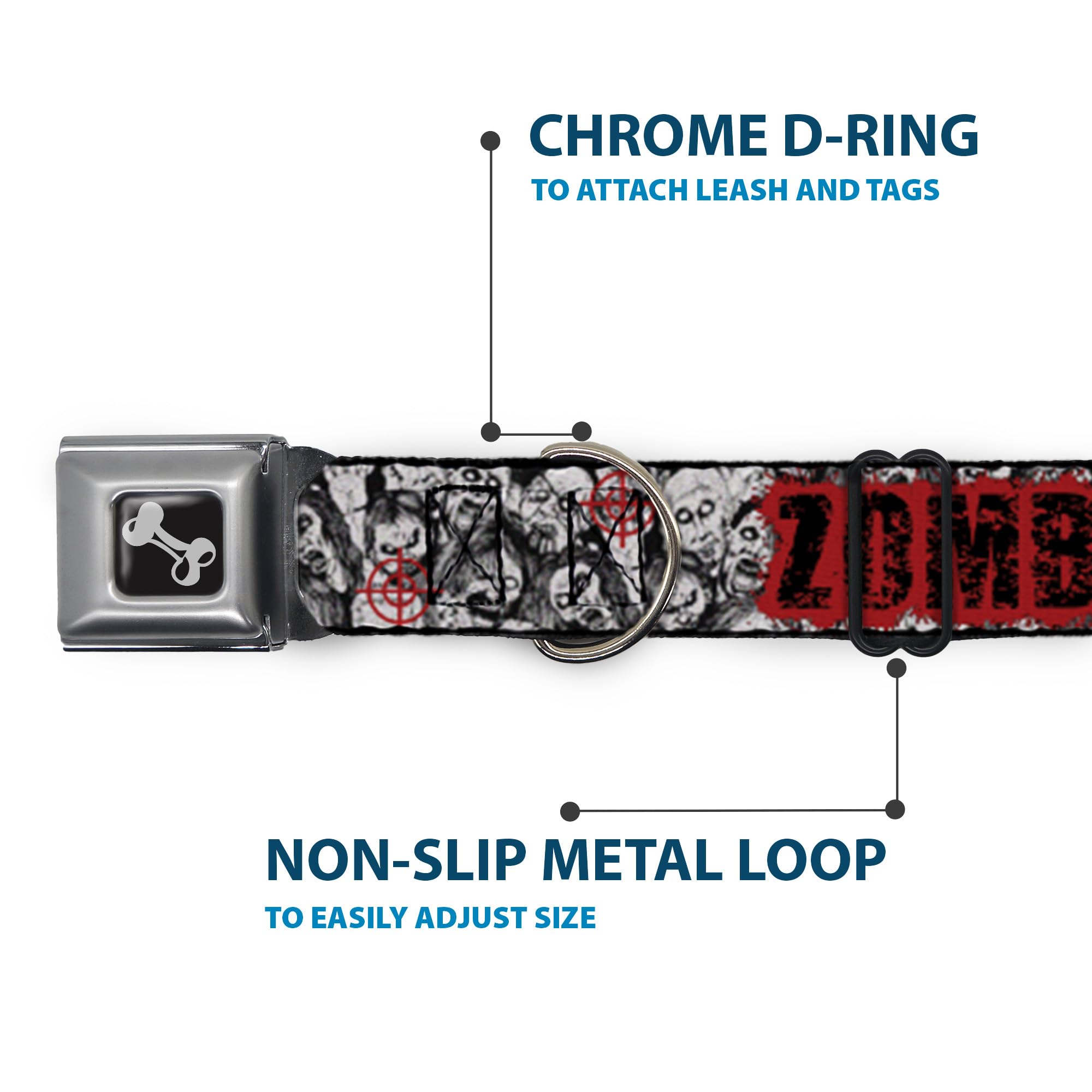 Buckle-Down Seatbelt Buckle Dog Collar - Zombie Killer W/Stacked Zombies Sketch - 1.5' Wide - Fits 16-23' Neck - Medium