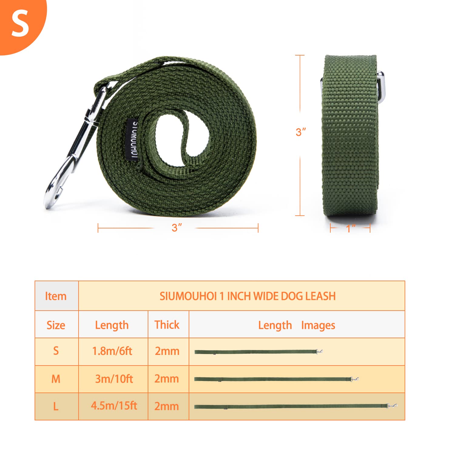 Siumouhoi Strong Durable Nylon Dog Training Leash, 1 Inch Wide Traction Rope, 6 Ft 10Ft 15Ft Long, For Small And Medium Dog (Mil