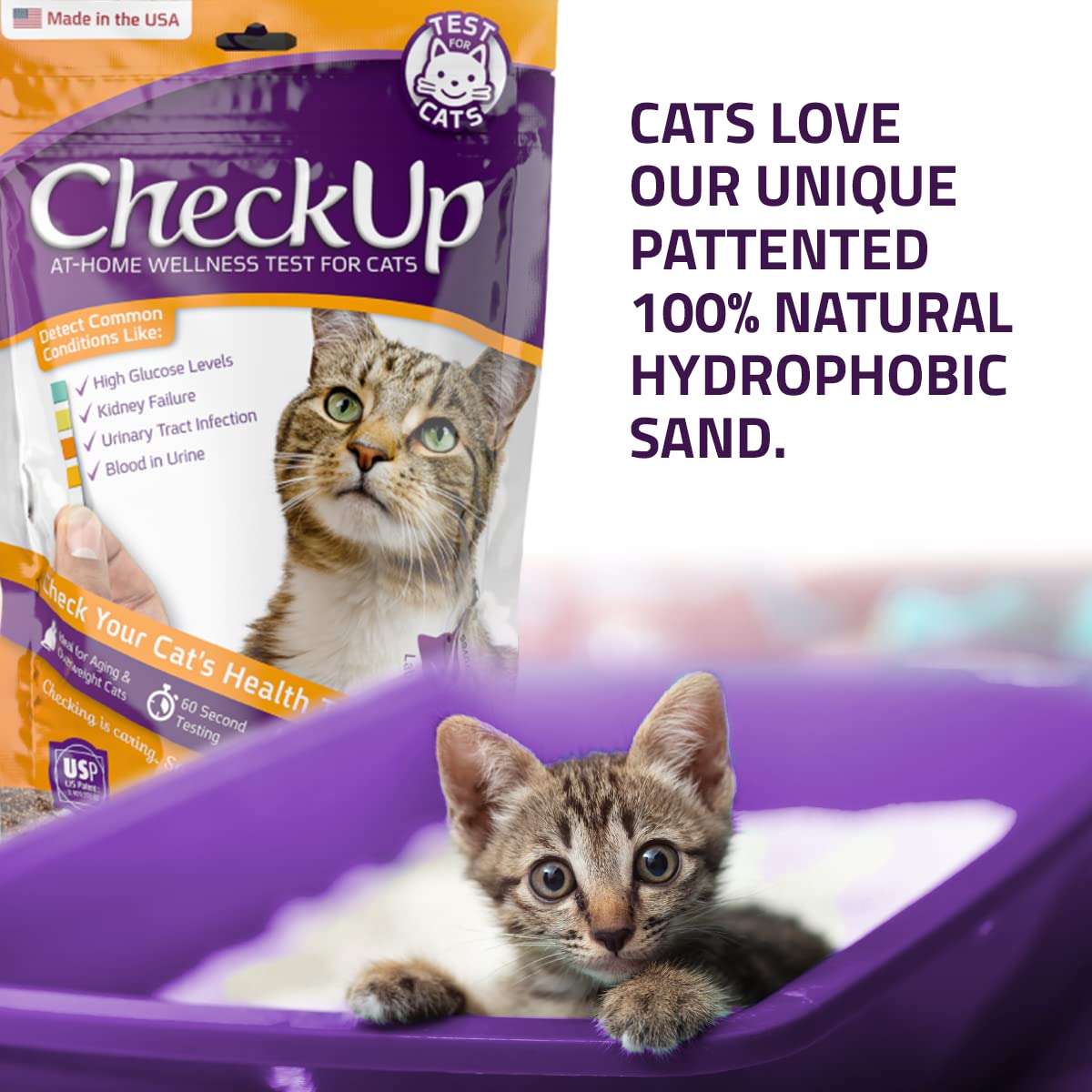 Checkup At Home Wellness Test Kit For Cats | 2Lb Hydrophobic Litter For Urine Collection, 2 Test Strips For The Detection Of The 4 Most Common Health Indicators - Ph, Protein , Glucose, Blood In Urine