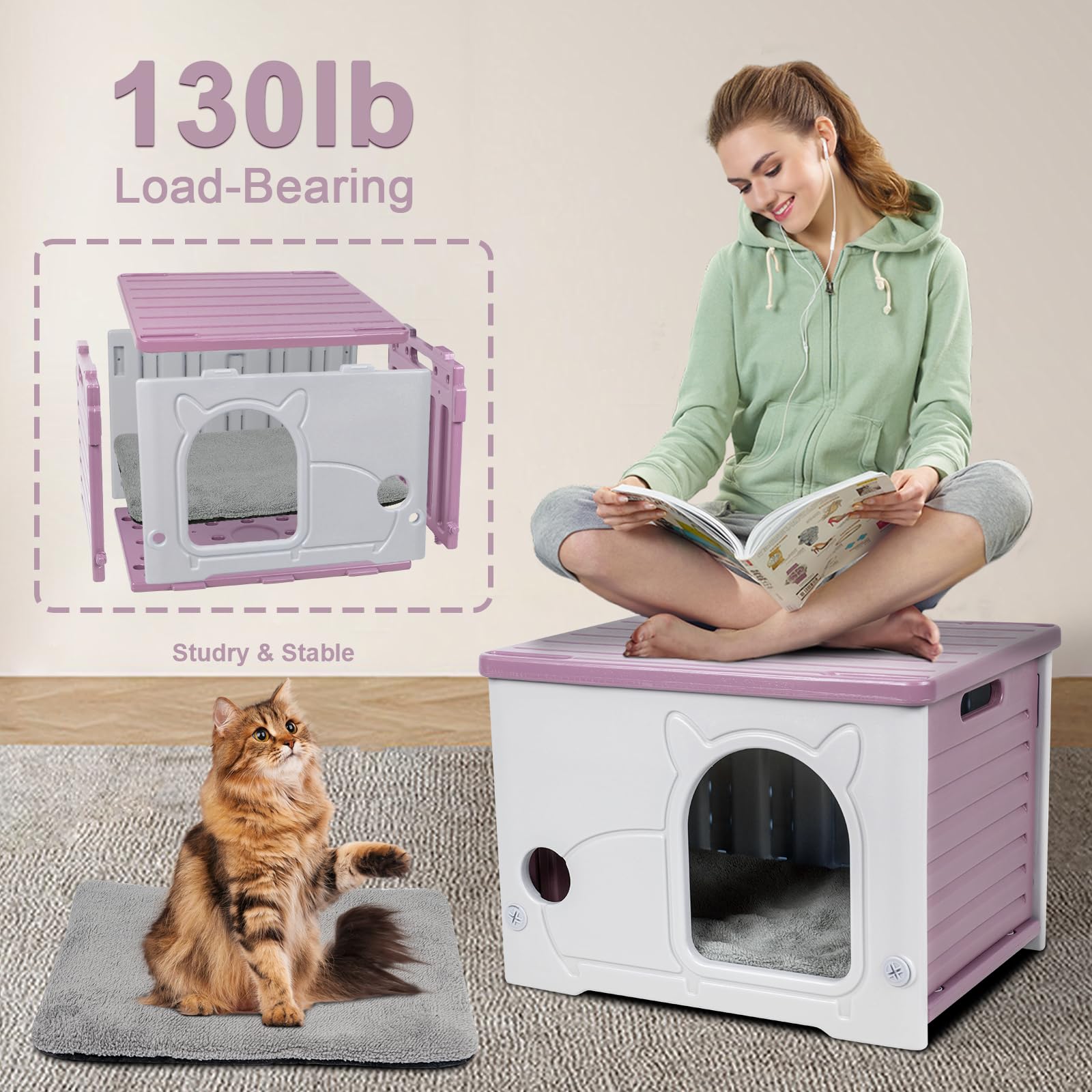 Plastic Cat House For Indoor Outdoor, Weatherproof Outside Cat House For Feral Cat, Stackable Cat Shelter With Plush Cushion (Pi