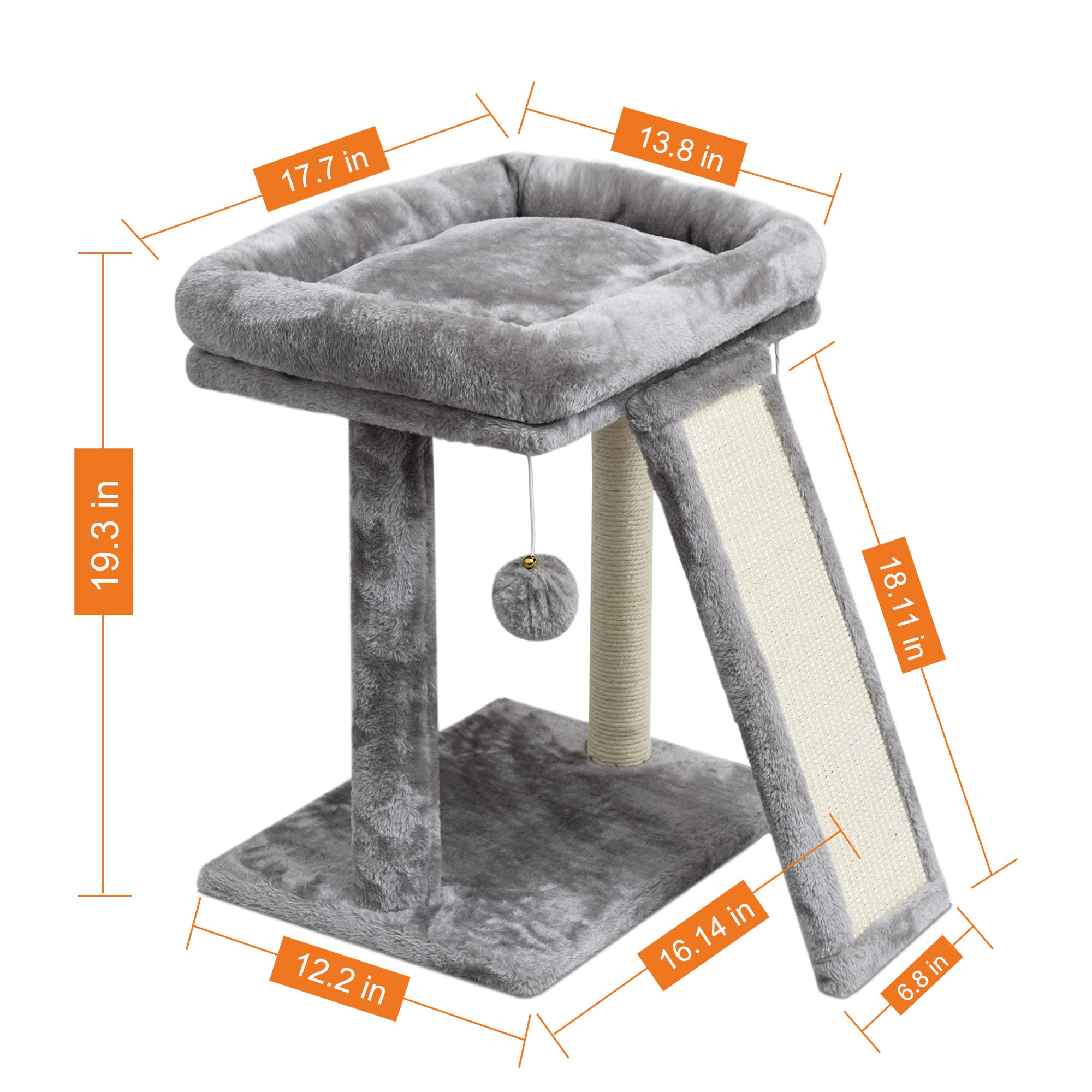 SYANDLVY Cat Tree with Scratching Post, Engineered Wood, Light Grey, Model PAT15G, 2 Dangling Balls for Kittens