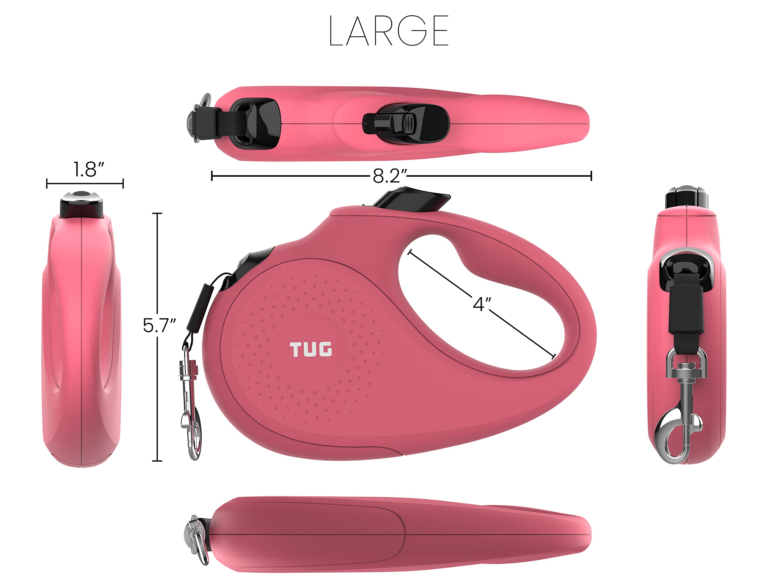 Tug Monochrome 360 Tangle-Free Retractable Dog Leash | 16 Ft Strong Nylon Tape (Large, Pink)