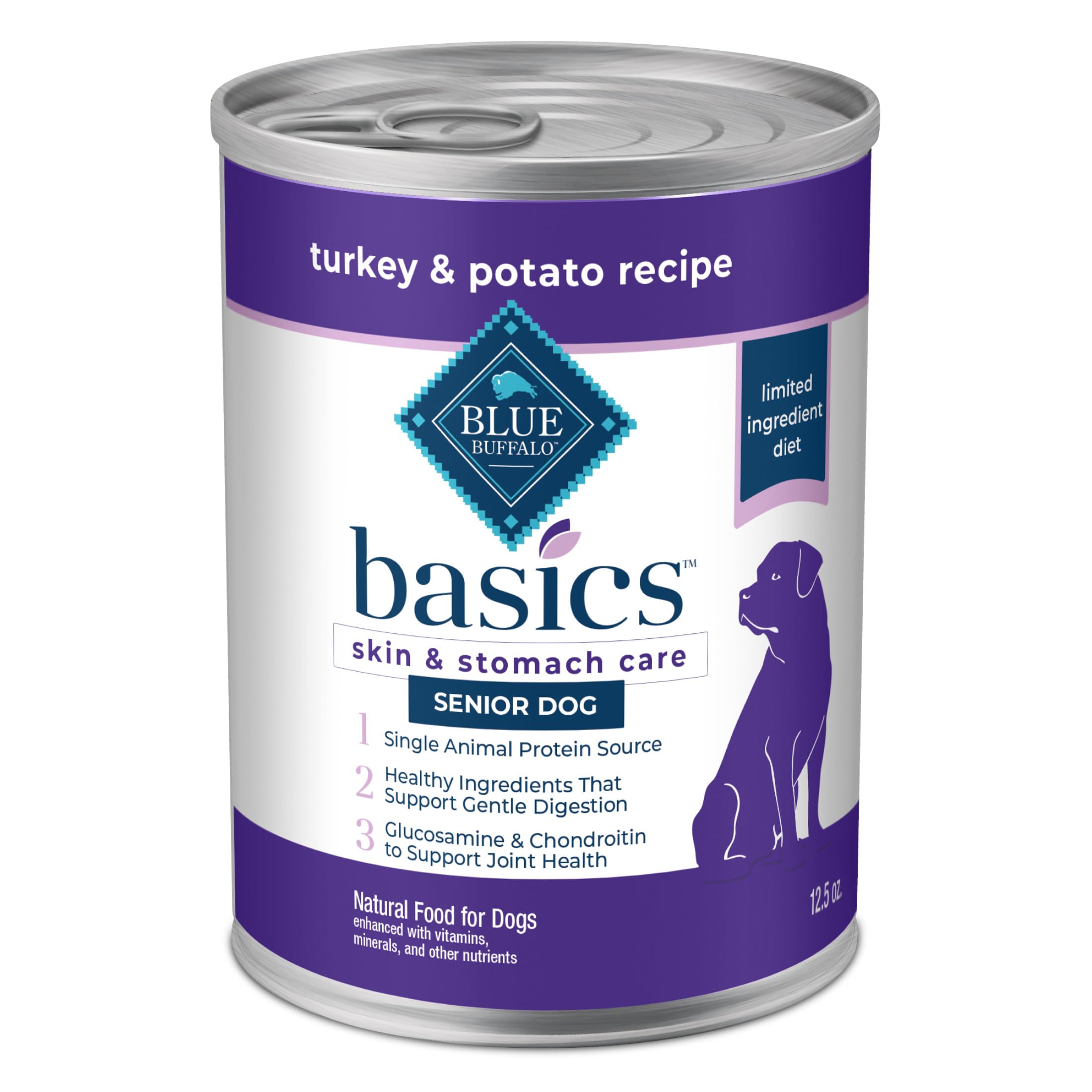 Blue Buffalo Basics Grain-Free Senior Wet Dog Food, Skin & Stomach Care, Limited Ingredient Diet, Turkey Recipe, 12.5-oz. Cans, 
