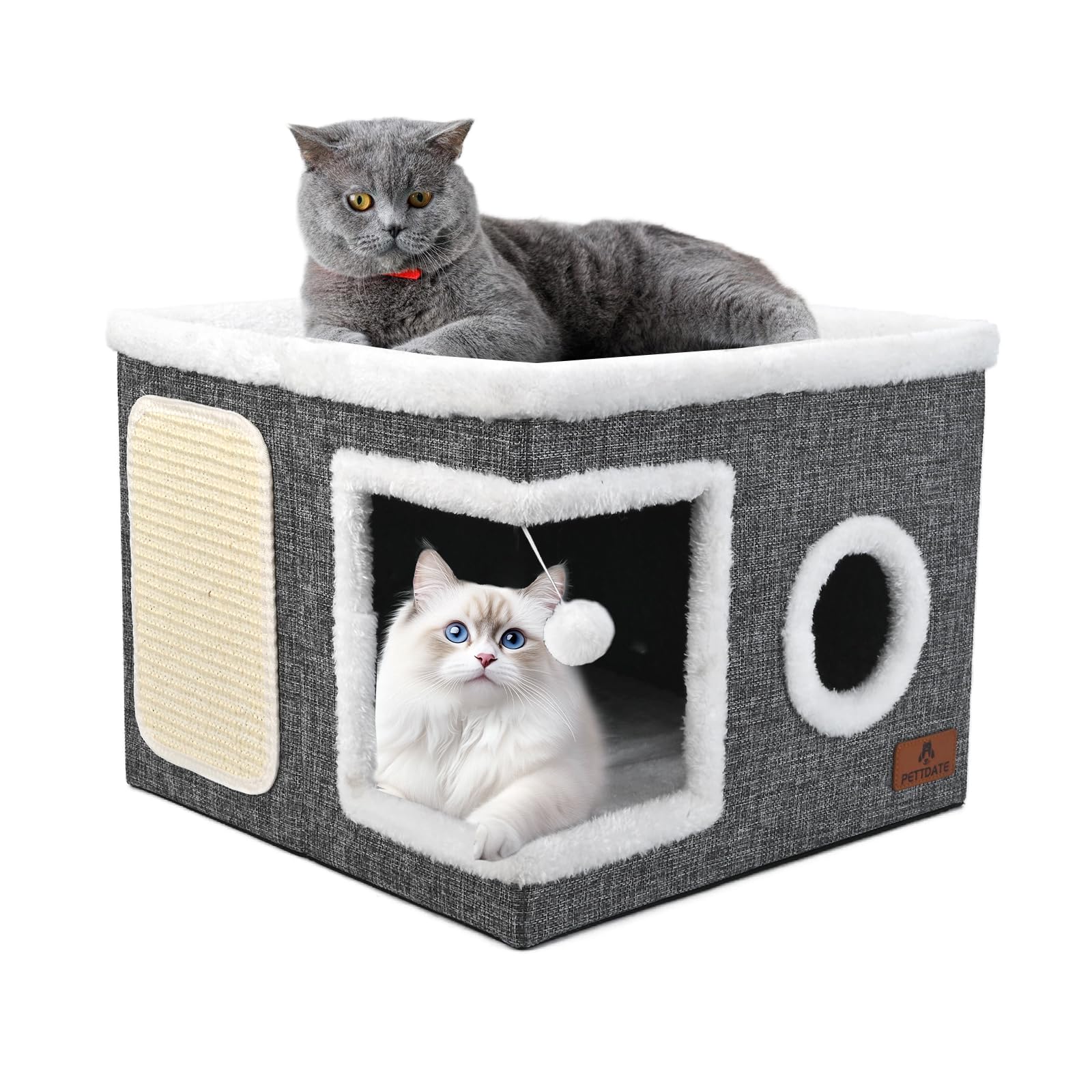 Cat Beds For Indoor Cats, Large Cat Cave Bed With Scratch Pad And Fluffy Ball, Foldable Cat Hideaway, Cat House With Reversible 