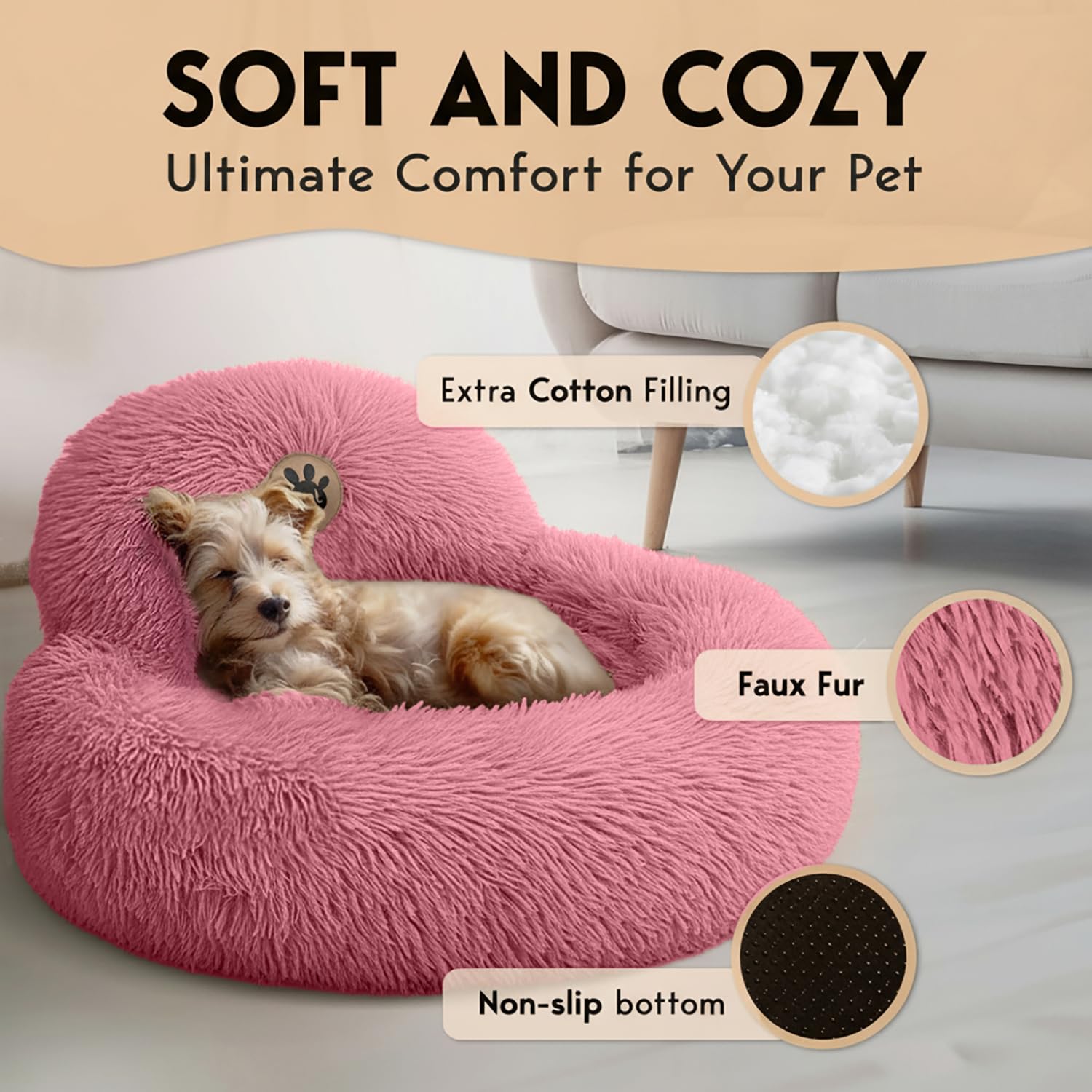 PetJett Calming Dog Bed for Small Dogs - 23 Donut Dog Beds, Anti-Slip & Washable Fluffy Plush Faux Fur Pet Bed, Anti-Anxiety Pre