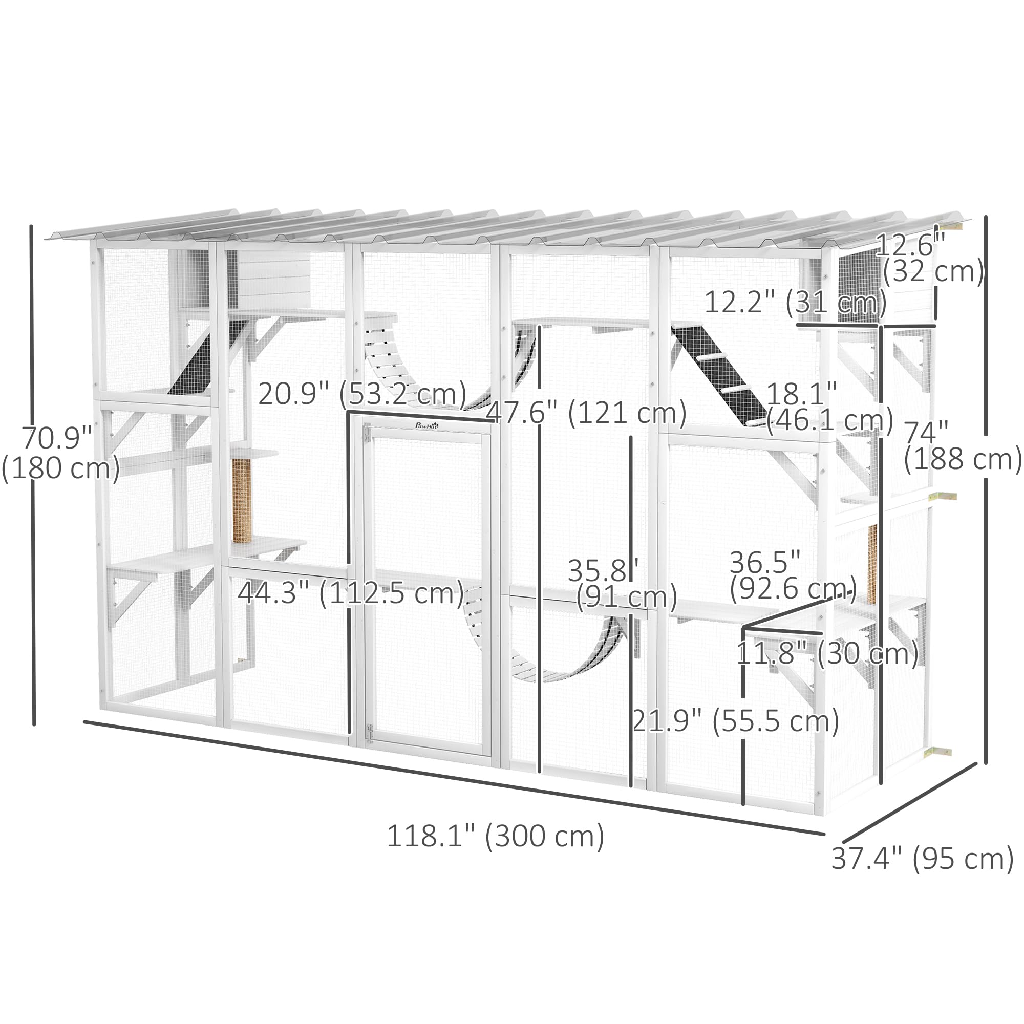 Pawhut Catio Playground Cat Window Box Outside Enclosure, Outdoor Cat House With Weather Protection Roof For Multiple Kitties, Wooden Frame, Shelves & Bridges, 118' X 37.5' X 74', White