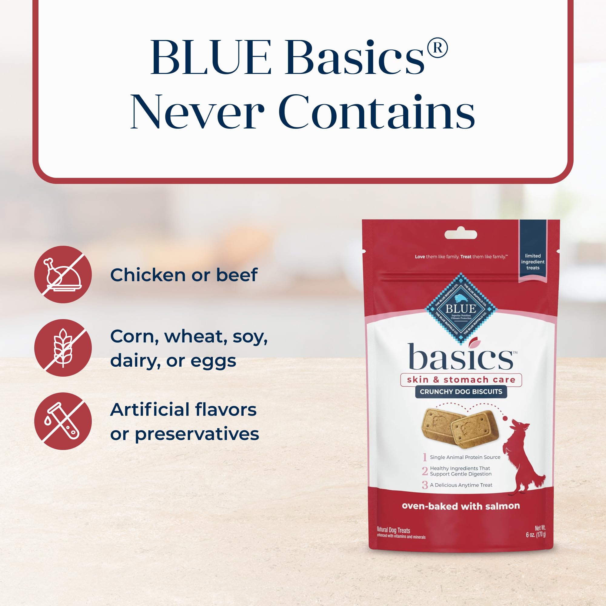 Blue Buffalo Basics Crunchy Dog Biscuits for Skin & Stomach Care, Limited Ingredient Diet Dog Treats, Salmon & Potato Recipe, 6-