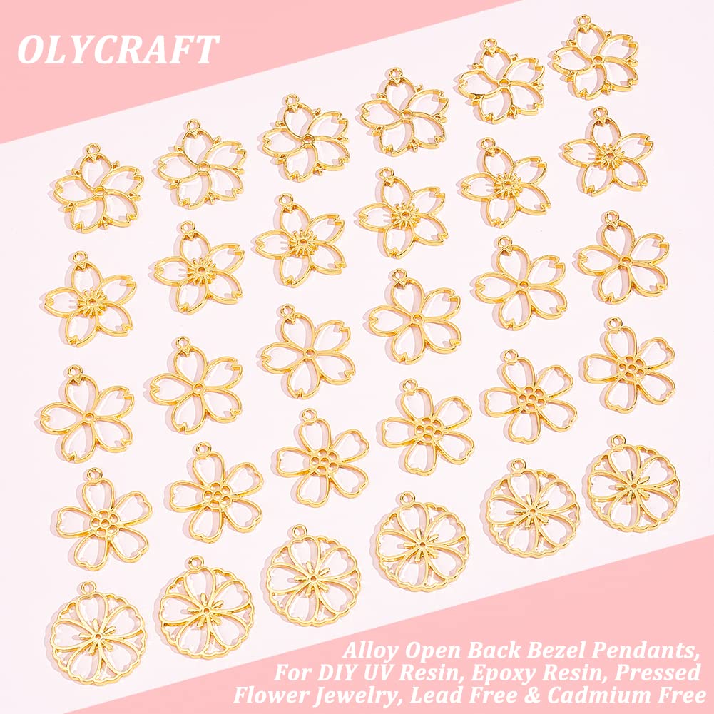 OLYCRAFT 30pcs Blossom Open Bezel Pendants Flower Charms 5-Shape Hollow Frame Dangle Charms Making Kits for DIY UV Resin or Pres