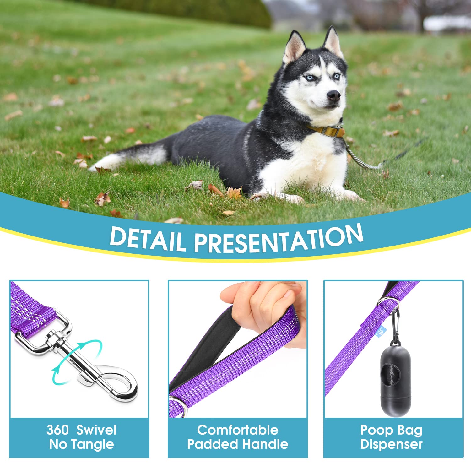 Baapet Two Handle Dog Leash, Dual Soft Padded Handles With Traffic Control Handle Leash For Small Medium Or Large Dogs (1.0'' X