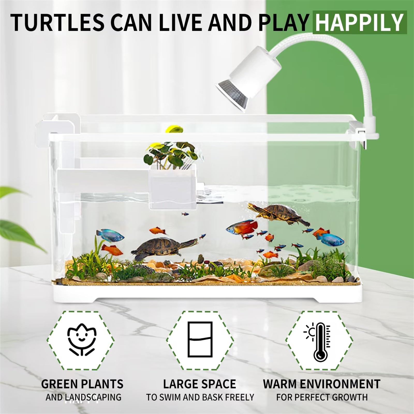 tuhaoking Turtle Tank Kit with Light & Filter - 15.75x8.64x8.64, Bottom Drainage for Turtles, Crabs, Fishes, Amphibians,