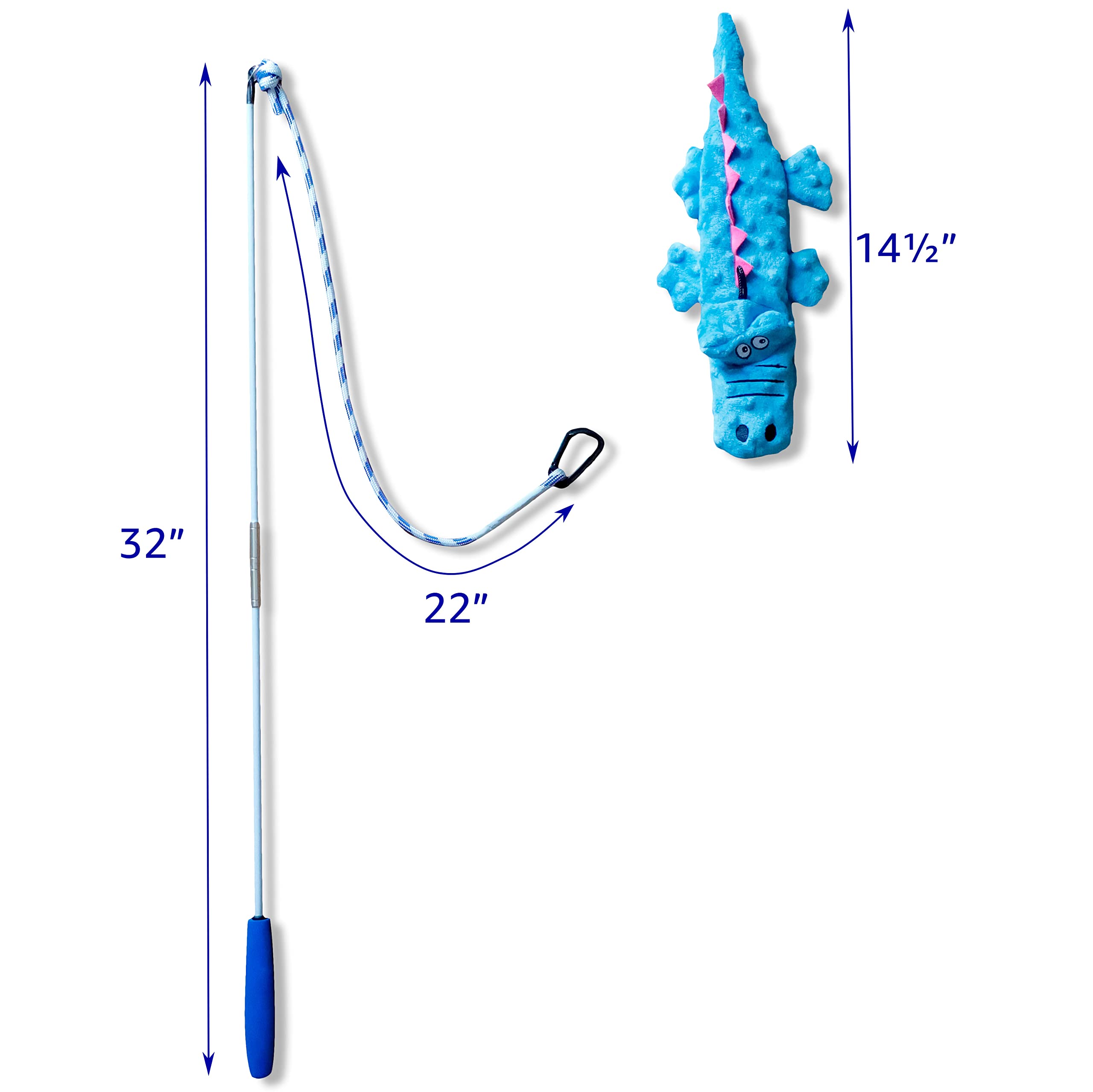 Pet Fit For Life Dog Wand Toy - 31" Extra Long Pole, Plush Alligator, Blue, Soft Foam Handle for Tug of War & Interactive Fun