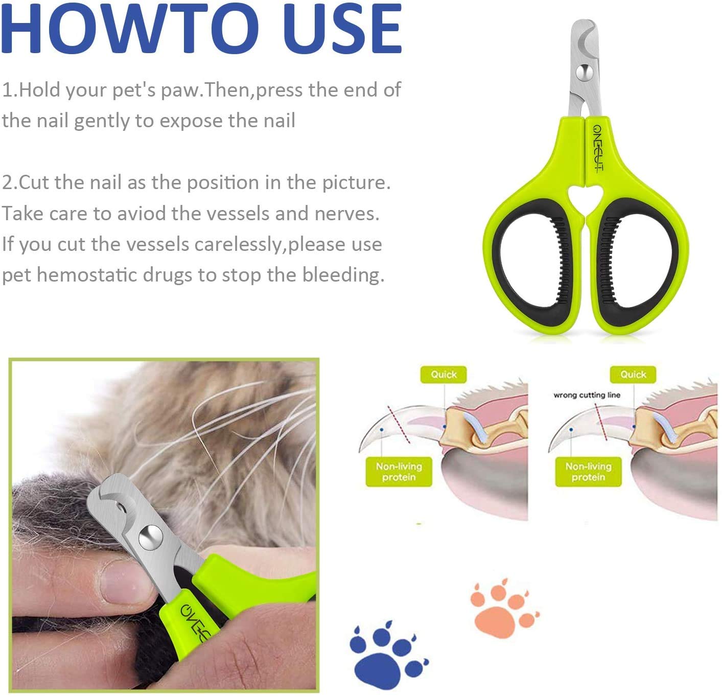 Onecut Pet Nail Clippers, Update Version Cat & Kitten Claw Nail Clippers For Trimming, Professional Pet Nail Clippers Best For A Cat, Puppy,Rabbit, Kitten & Small Dog,Sharp & Safe (Green)